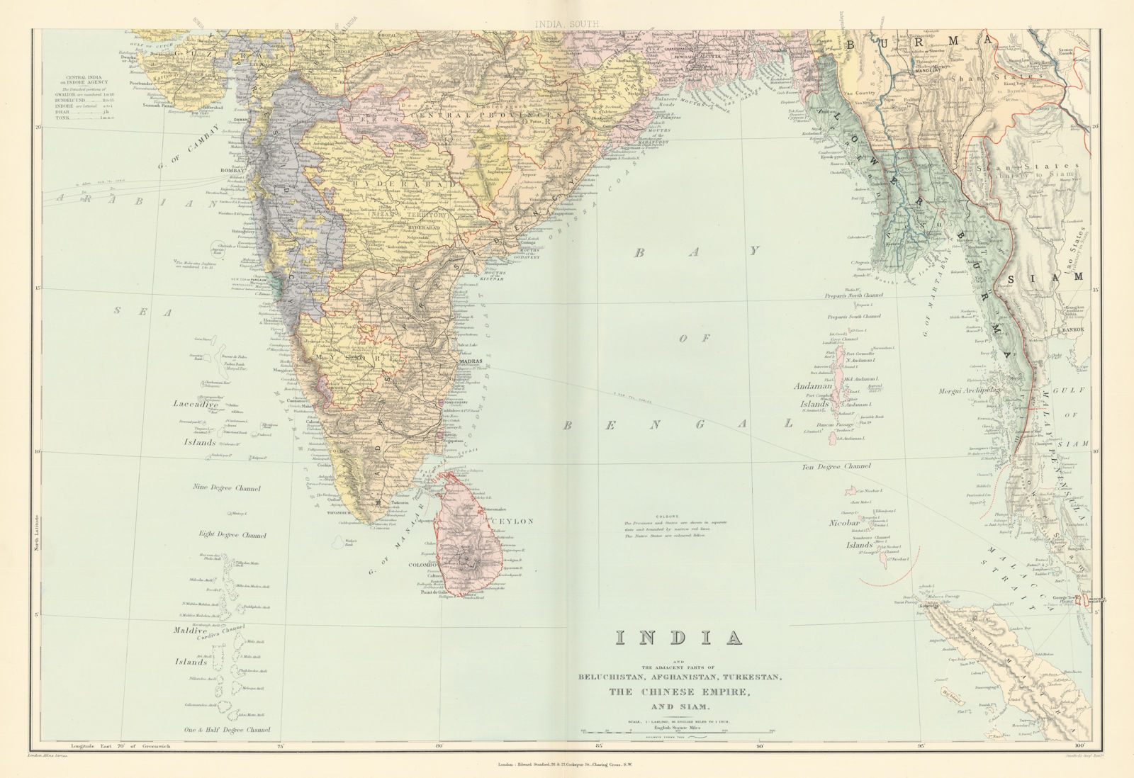 Associate Product India, South. Burma Ceylon Bay of Bengal Andaman Maldives. STANFORD 1896 map