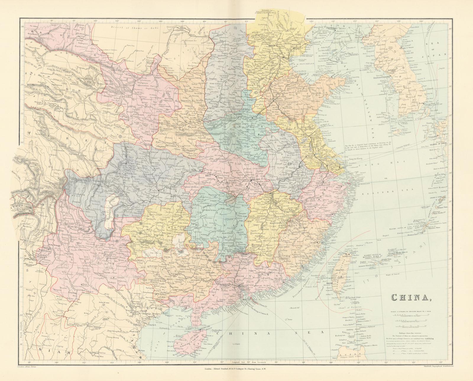 China. Hong Kong. Kwang-chao. Kiao-chai. Wei-hai-wei. 52x65cm. STANFORD 1896 map