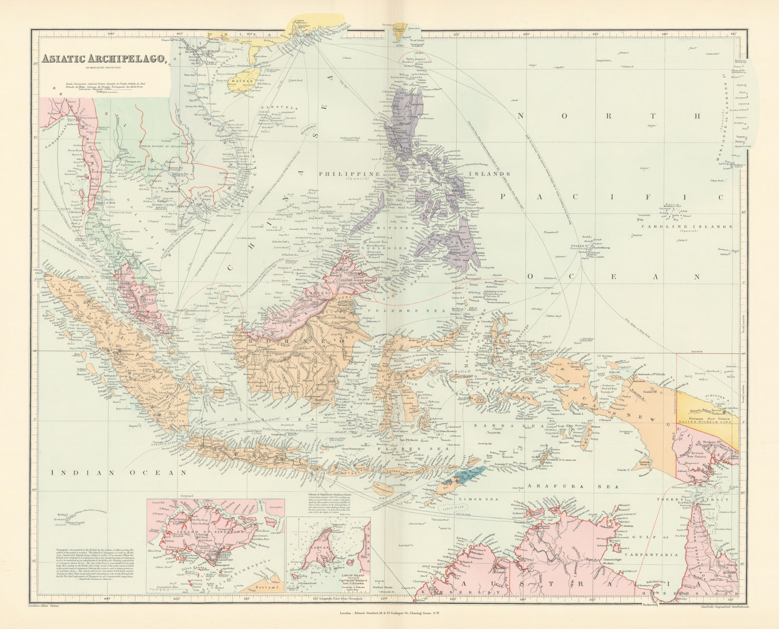 Asiatic Archipelago. Indonesia Philippines Singapore. 53x64cm. STANFORD 1896 map
