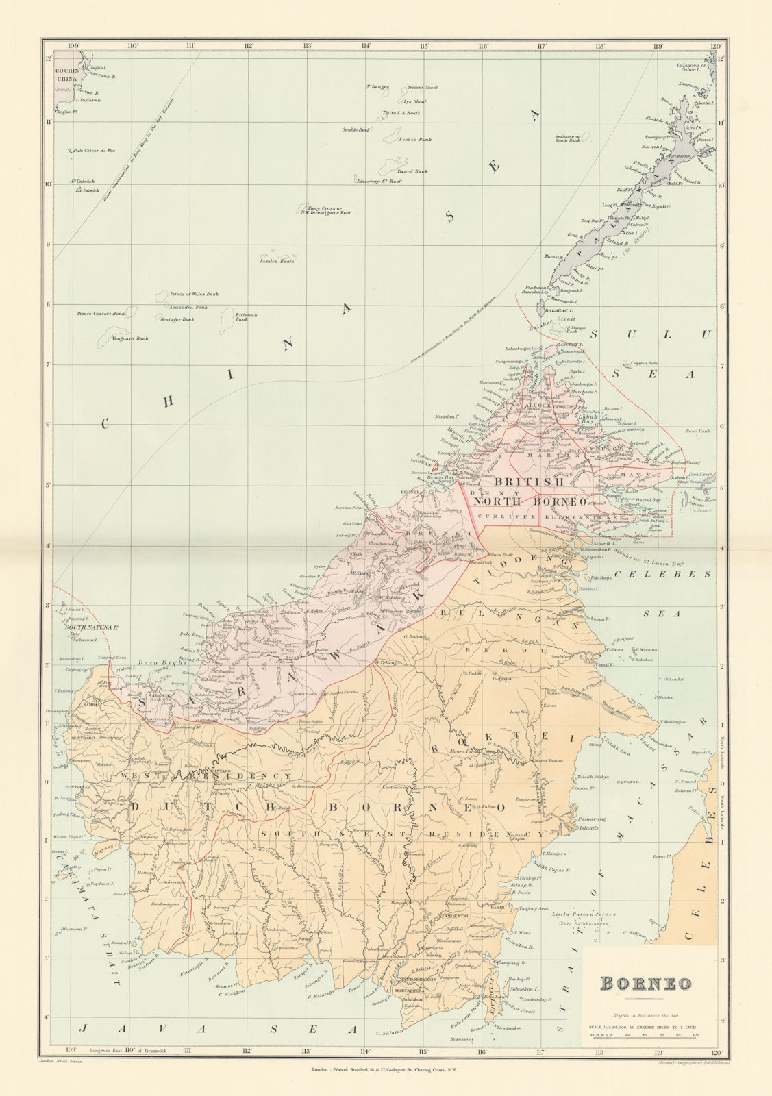 Dutch & British North Borneo Sarawak Kalimantan Palawan. STANFORD 1896 old map