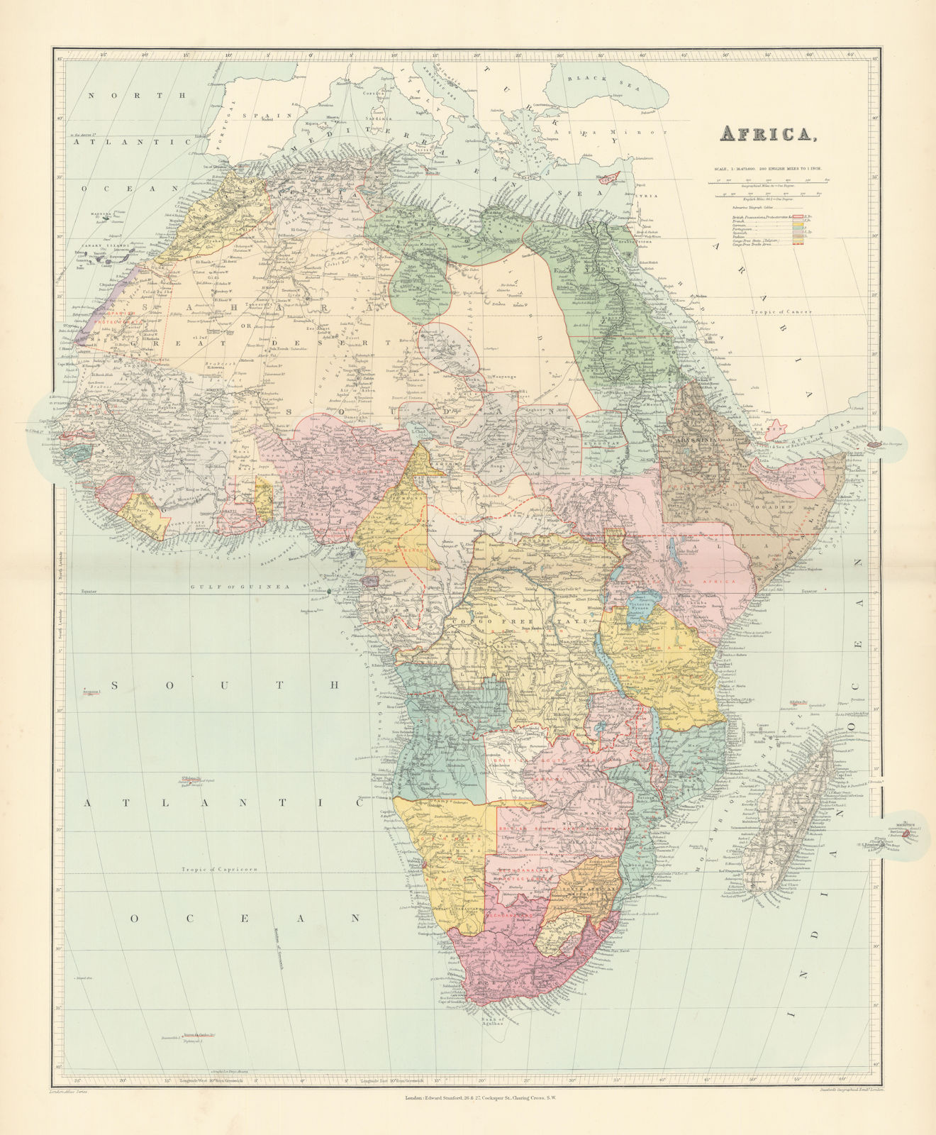 Associate Product Africa. Congo Free Trade Area. British South Africa Company. STANFORD 1896 map