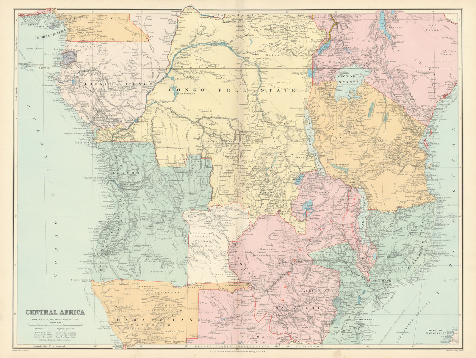 Central Africa. Congo Free State Rhodesia German East Africa. STANFORD 1896 map