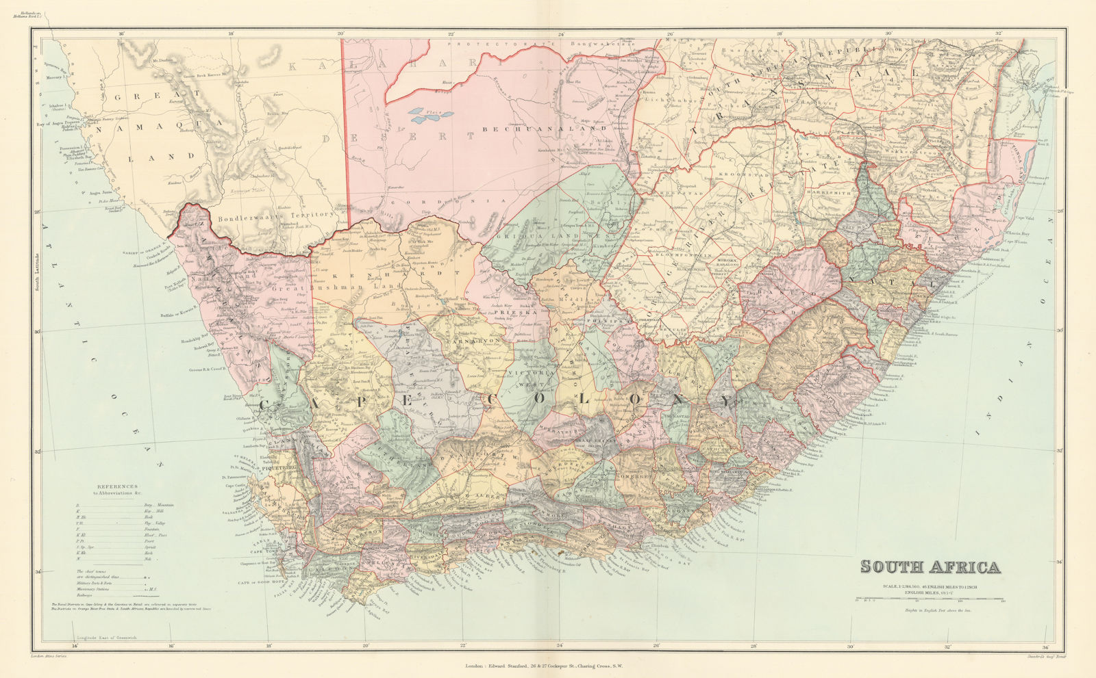 Cape Colony, Natal & Orange River Colony. South Africa 44x70cm STANFORD 1896 map