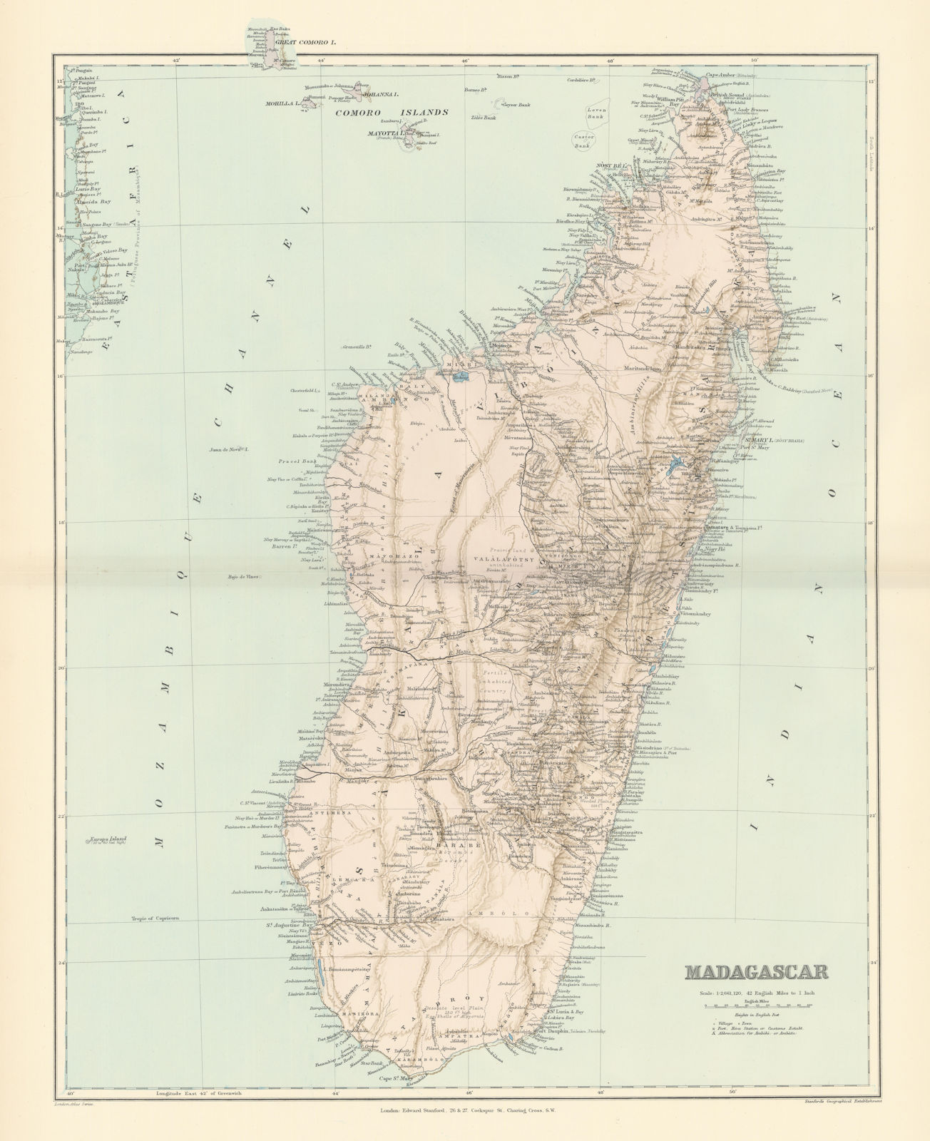 Madagascar, Comoros & Mayotte. Mozambique coast. 50x64cm STANFORD 1896 old map