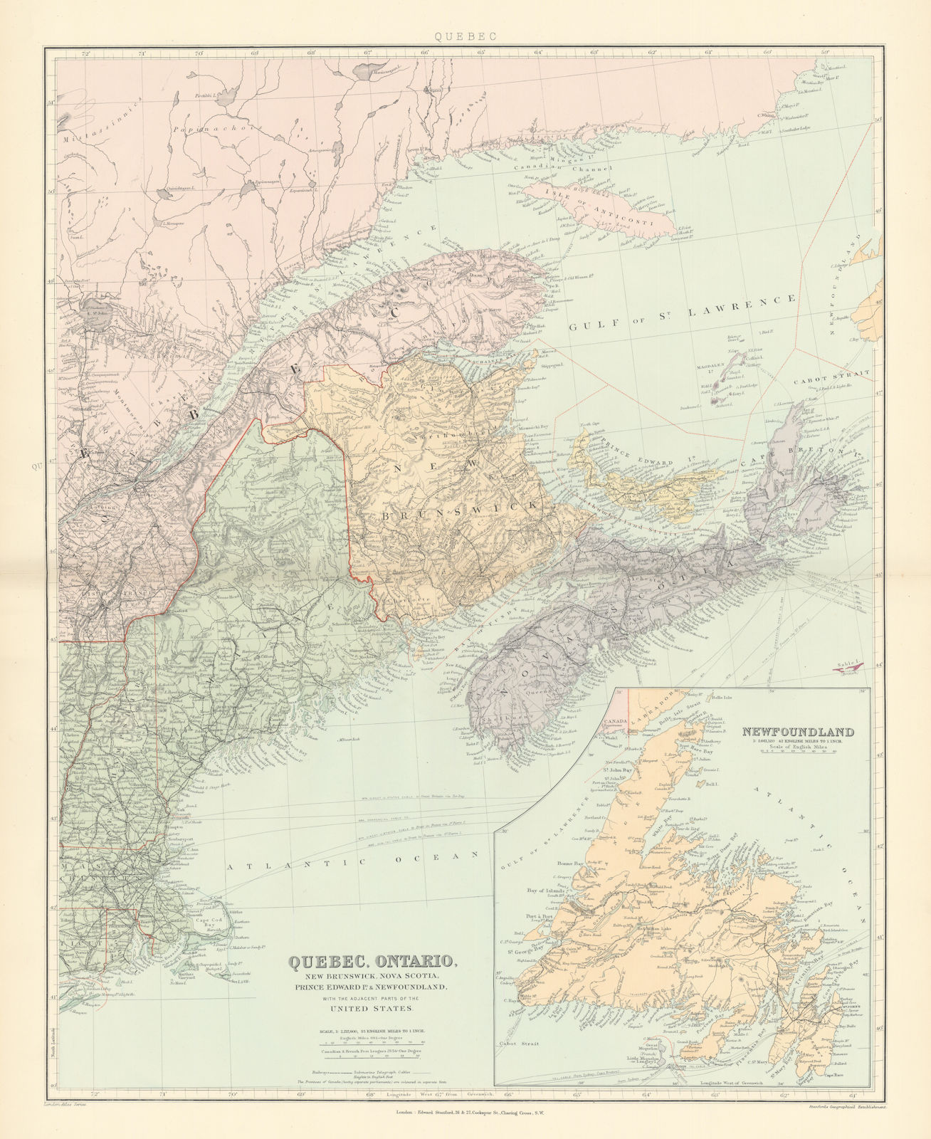 Canada Maritime Provinces. Quebec New Brunswick Maine PEI. STANFORD 1896 map
