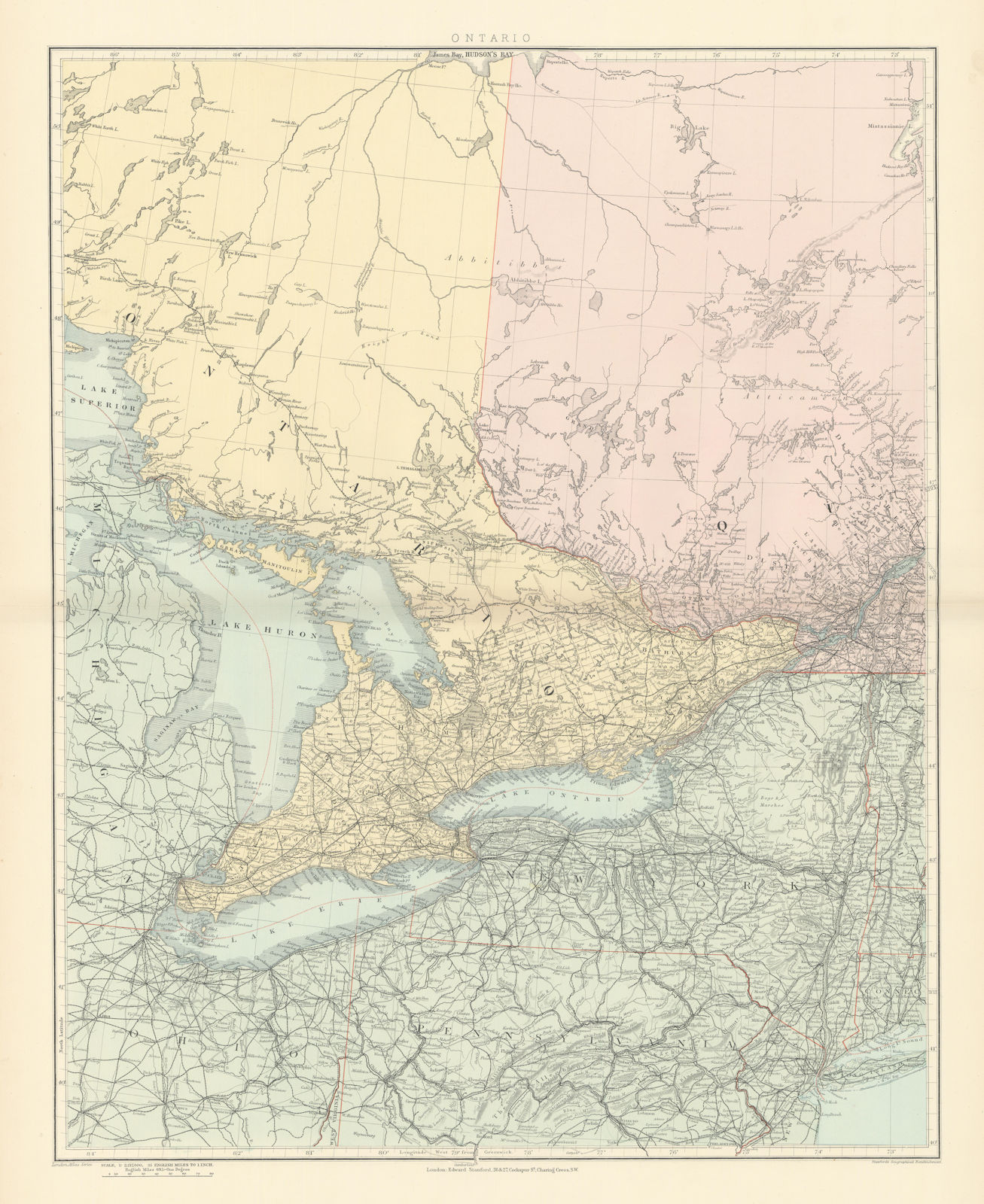 Southern Ontario. Lake Huron Erie. New York state. Great Lakes STANFORD 1896 map