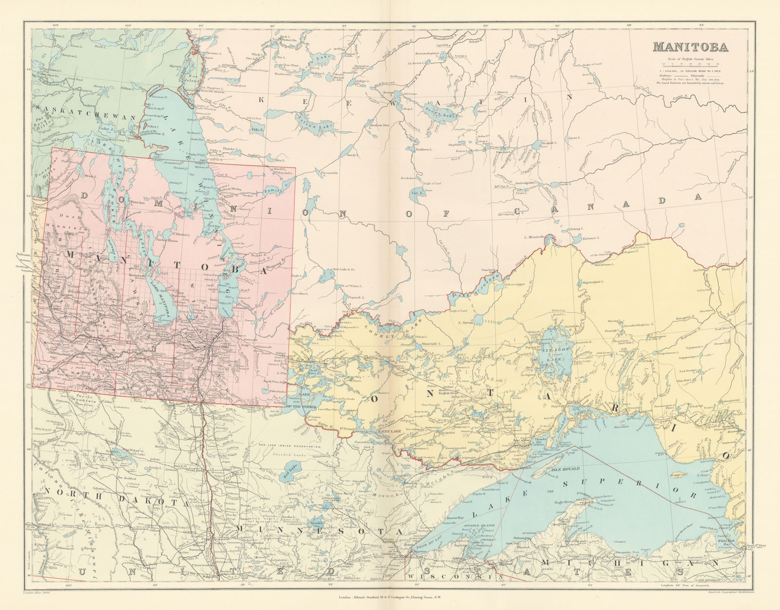 Associate Product Manitoba. West Ontario, Lake Superior & Winnipeg. Canada. STANFORD 1896 map