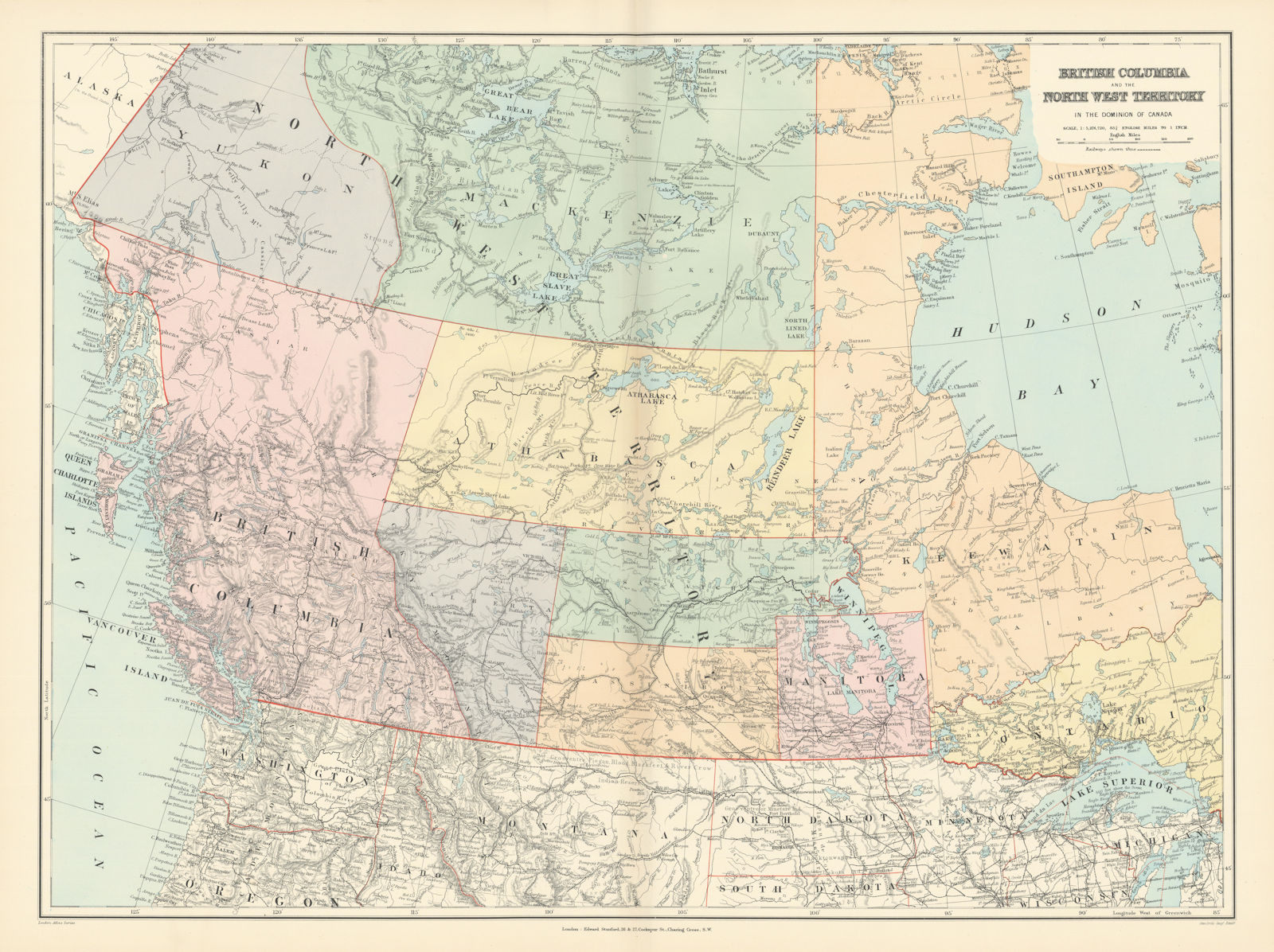 British Columbia & Northwest Territory. Manitoba Canada. STANFORD 1896 old map