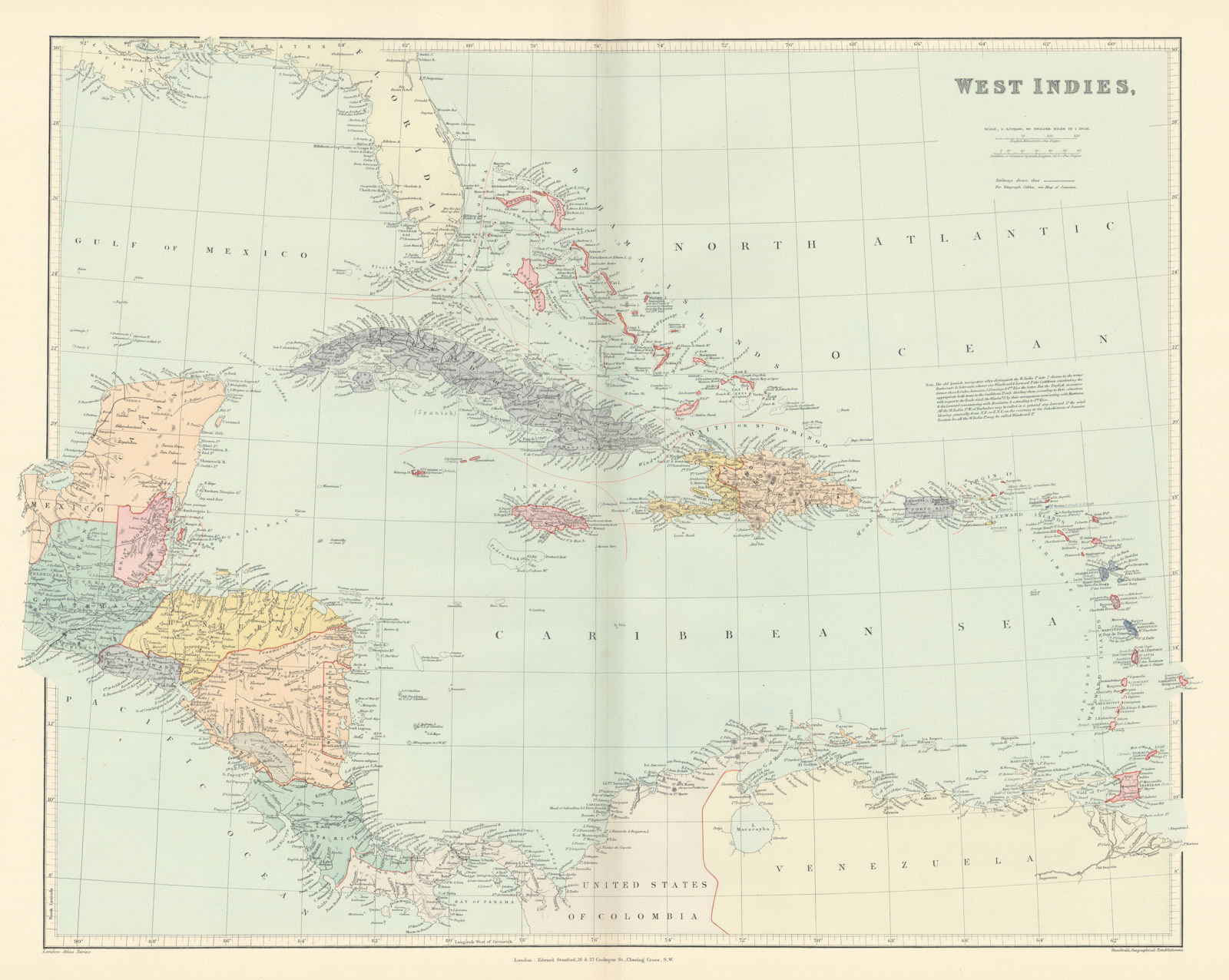 Associate Product West Indies Islands & Central America. Caribbean. STANFORD 1896 old map