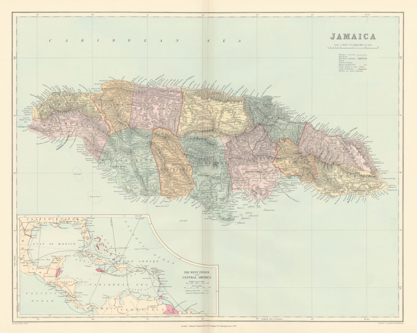 Jamaica, in parishes. West Indies telegraph cables. 51x63cm. STANFORD 1896 map