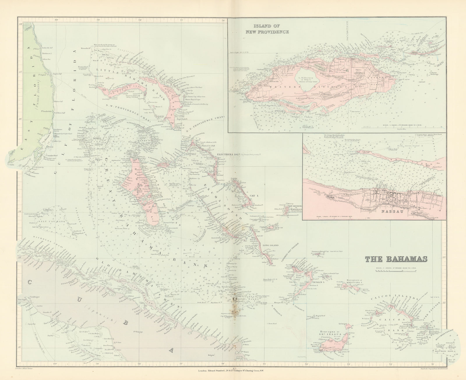 Associate Product Bahamas. Turks & Caicos. New Providence. Nassau plan. 53x67cm. STANFORD 1896 map