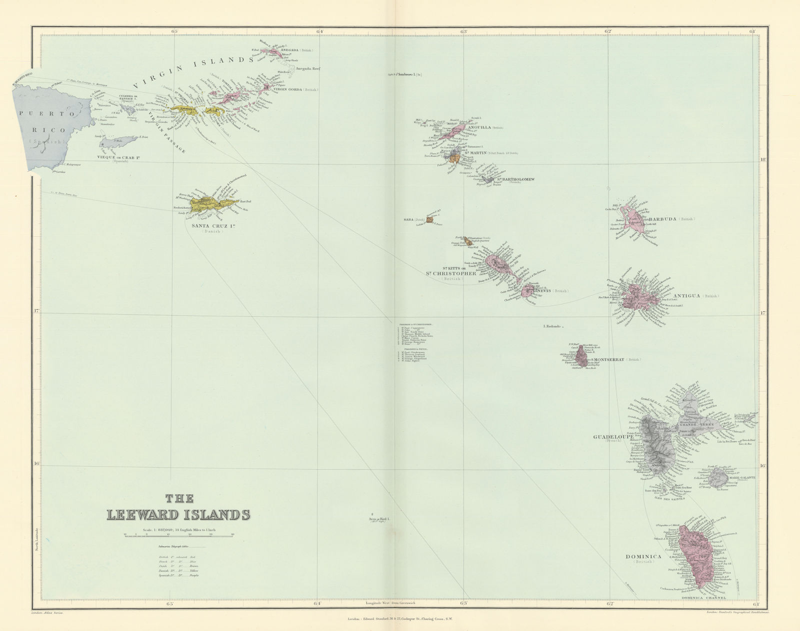 Associate Product Leeward Islands. West Indies Virgin Antigua Dominica St. Kitts STANFORD 1896 map
