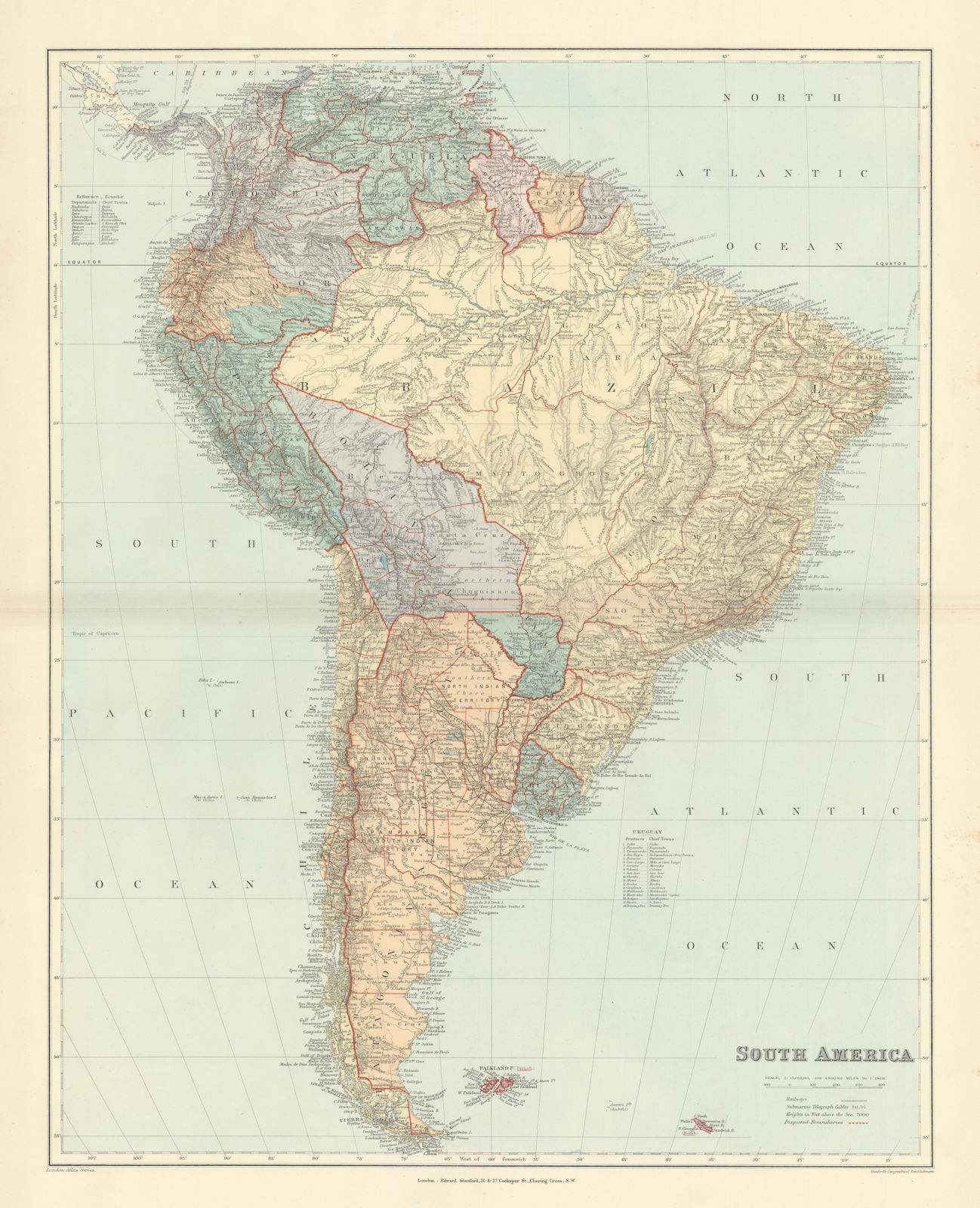 South America. Large 64x51cm. STANFORD 1896 old antique vintage map plan chart