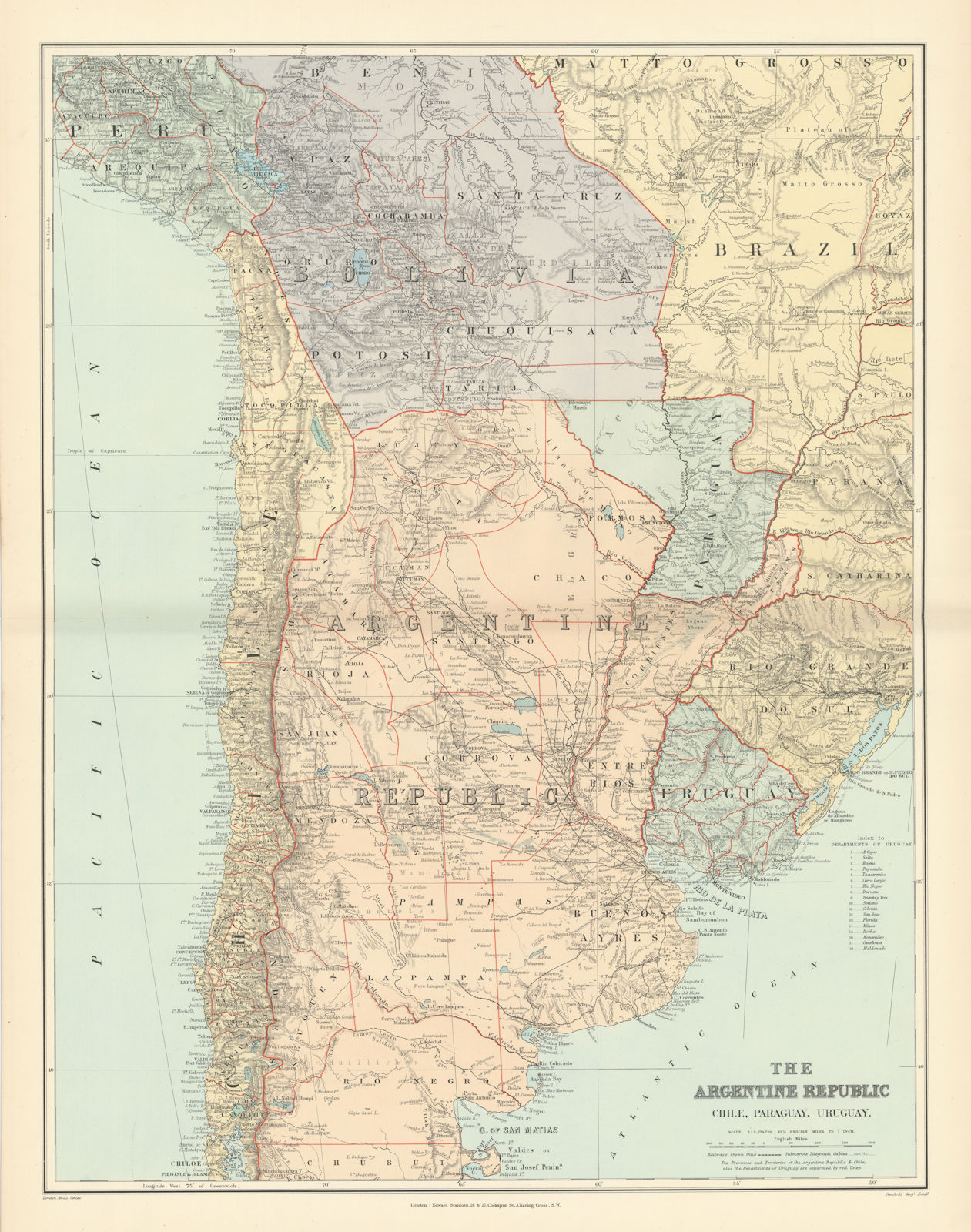 Argentine Republic, Chile, Paraguay & Uruguay. South America. STANFORD 1896 map