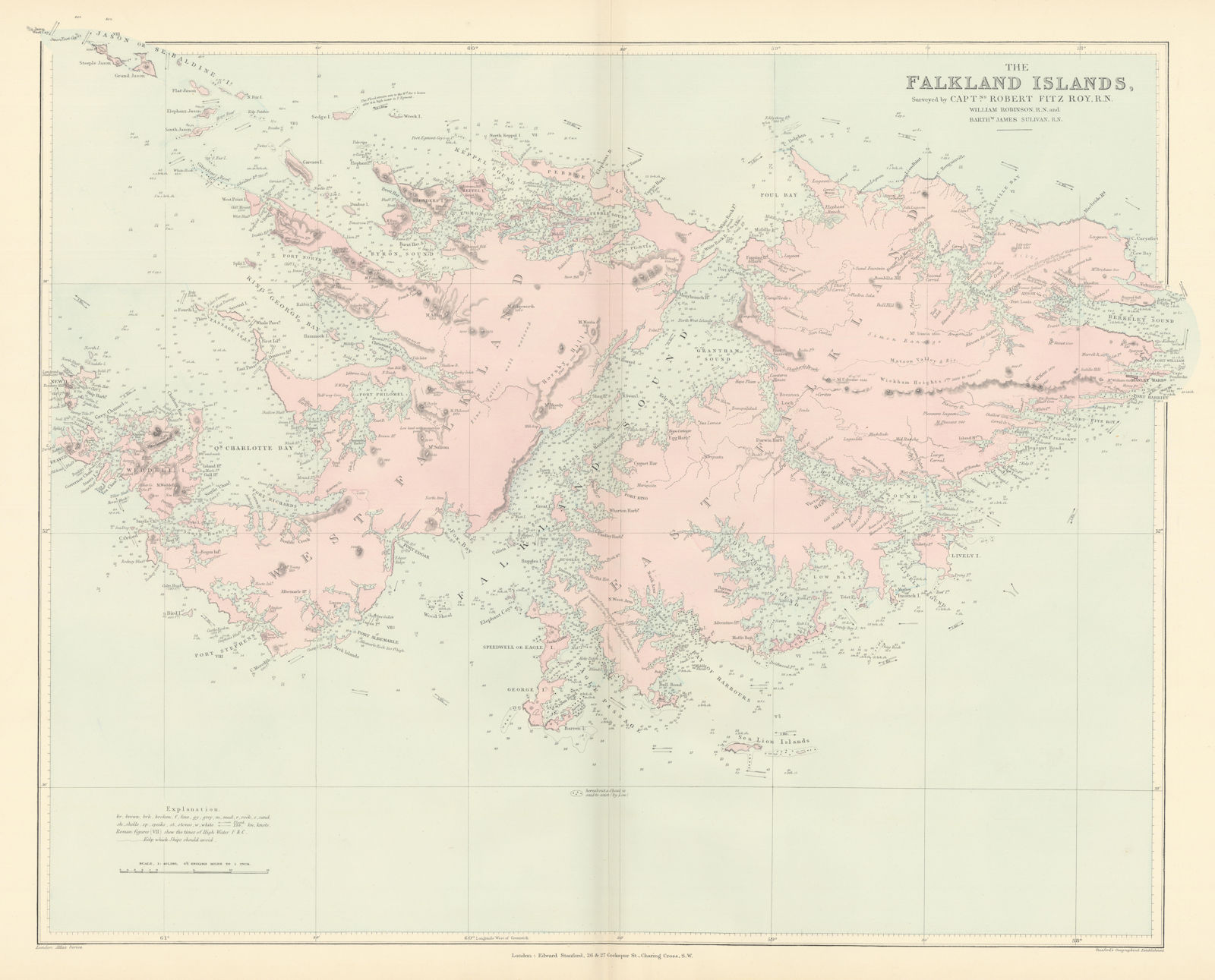 The Falkland Islands surveyed by Captain Robert Fitzroy. STANFORD 1896 old map