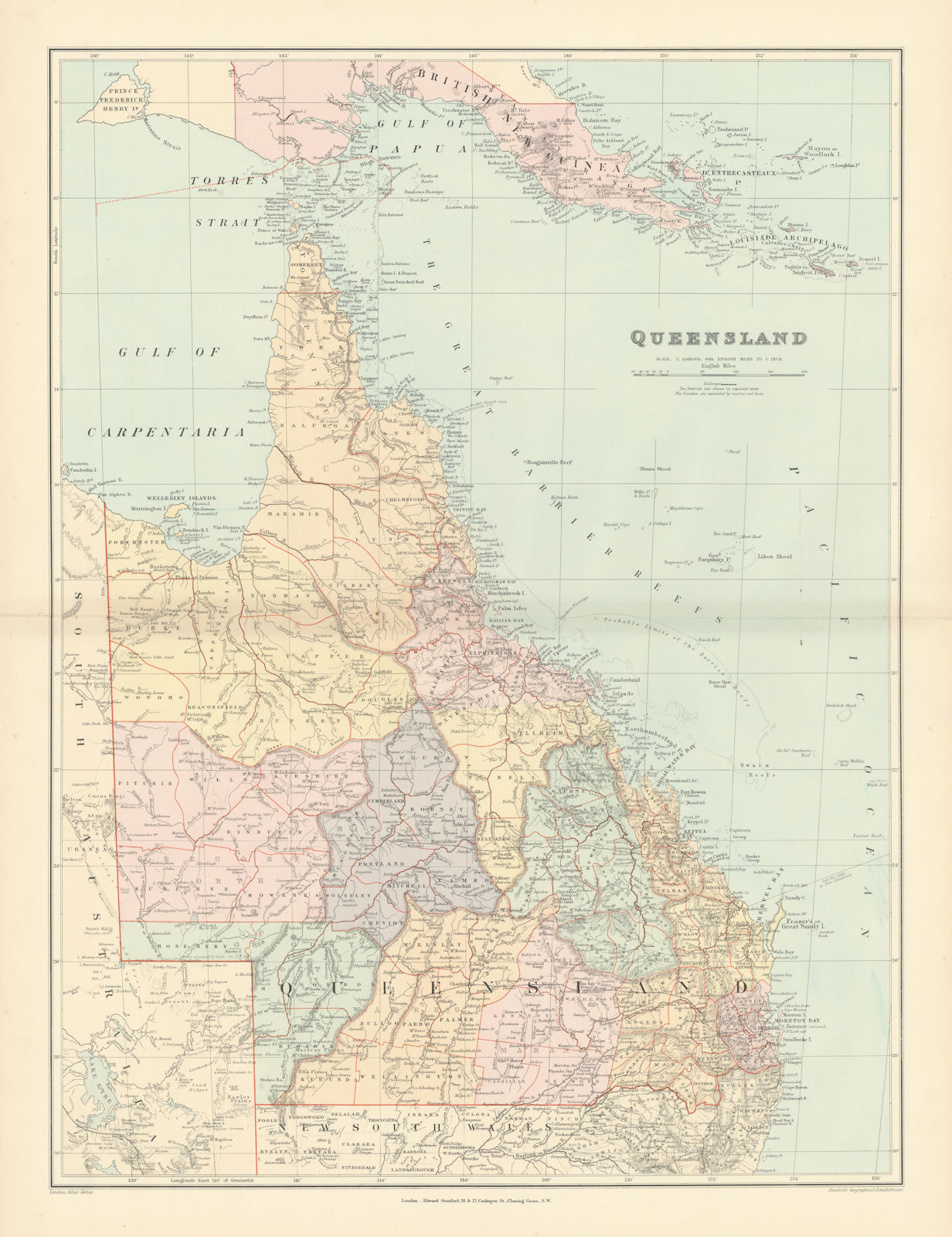 Associate Product Queensland. British New Guinea. Great Barrier Reef. 68x52cm. STANFORD 1896 map