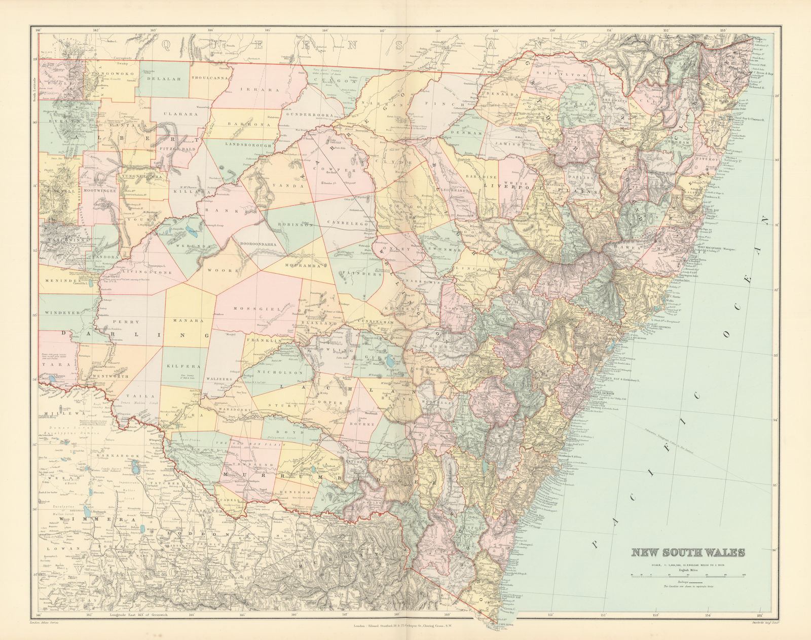 New South Wales showing counties & railways. 53x65cm. STANFORD 1896 old map