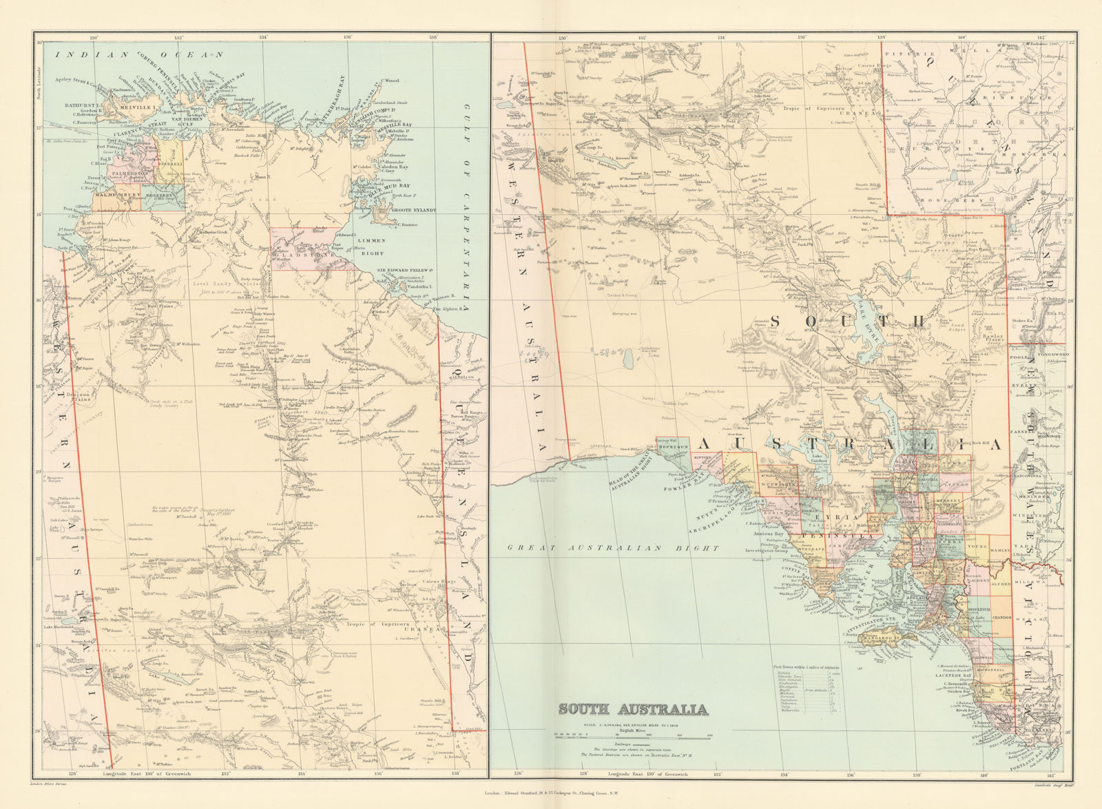 South Australia & Northern Territory. Explorers' routes. Large STANFORD 1896 map