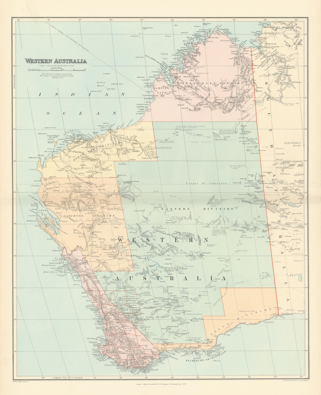 Associate Product Western Australia. Districts. Explorers' routes. Large 66x55cm STANFORD 1896 map