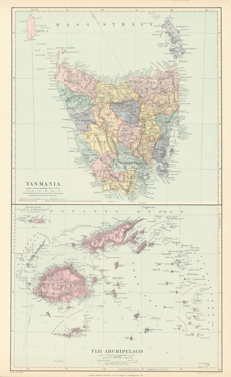Tasmania & Fiji Archipelago. Vanua Levu. Viti Levu. STANFORD 1896 old map