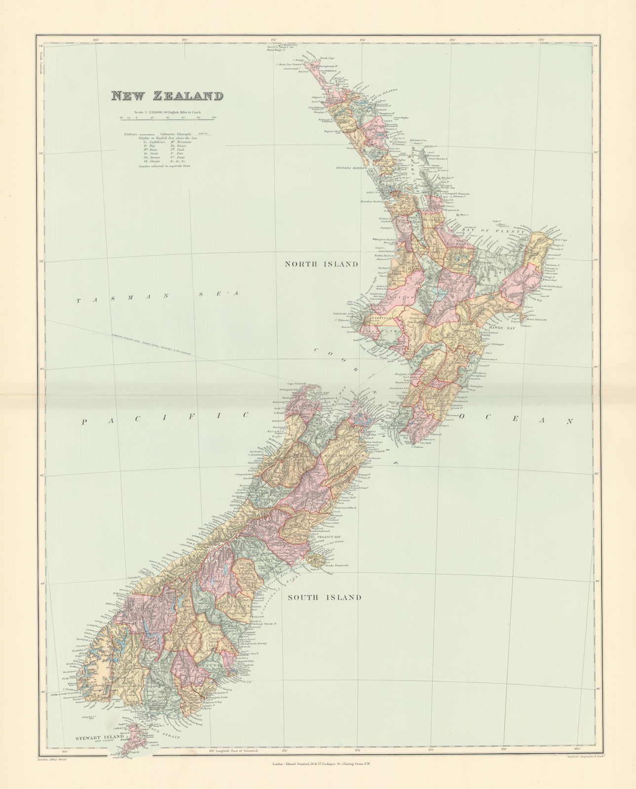 New Zealand. Counties. Railways. Large 64x50cm. STANFORD 1896 old antique map