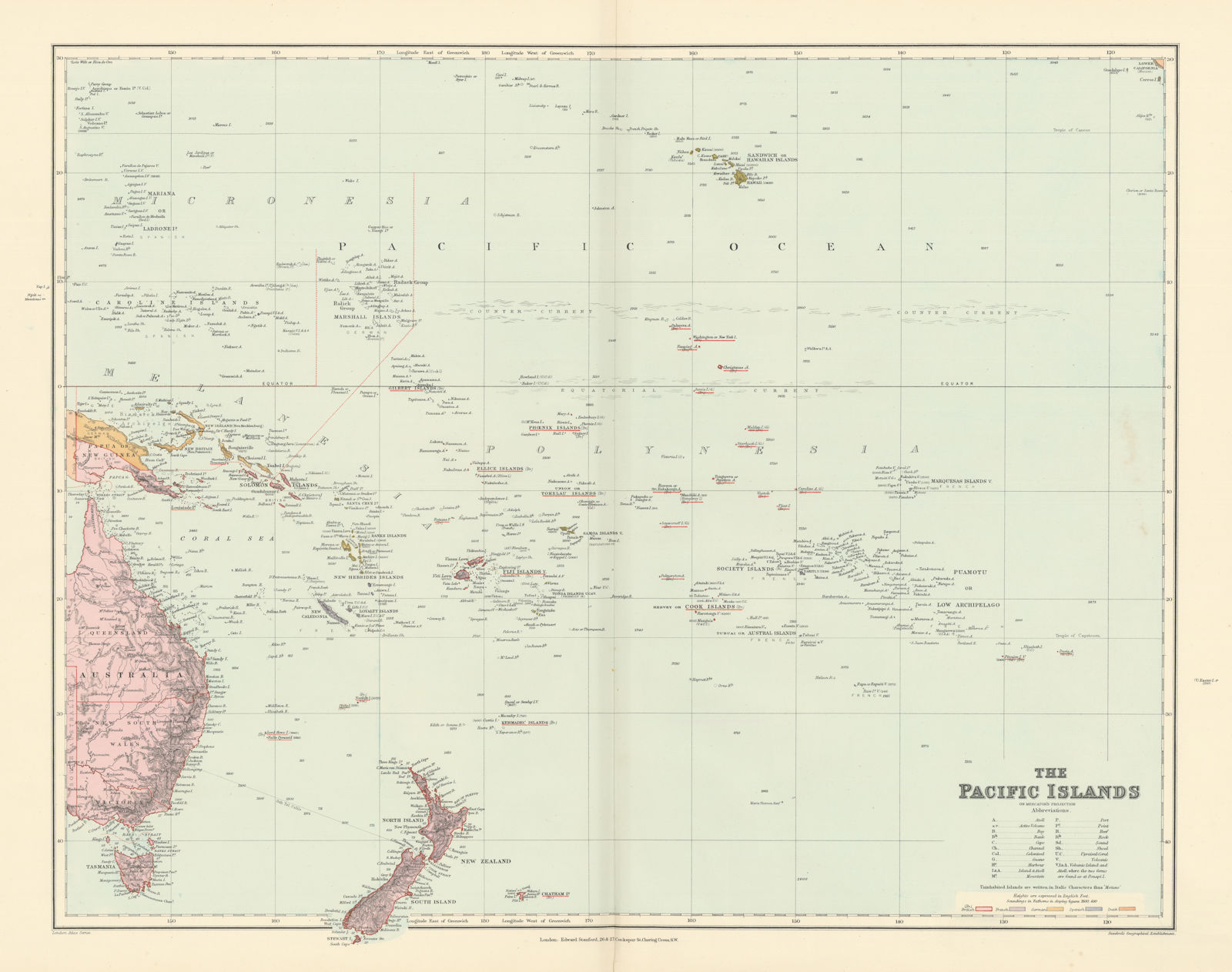 Pacific Islands. Melanesia Polynesia Micronesia. Hawaii. STANFORD 1896 old map