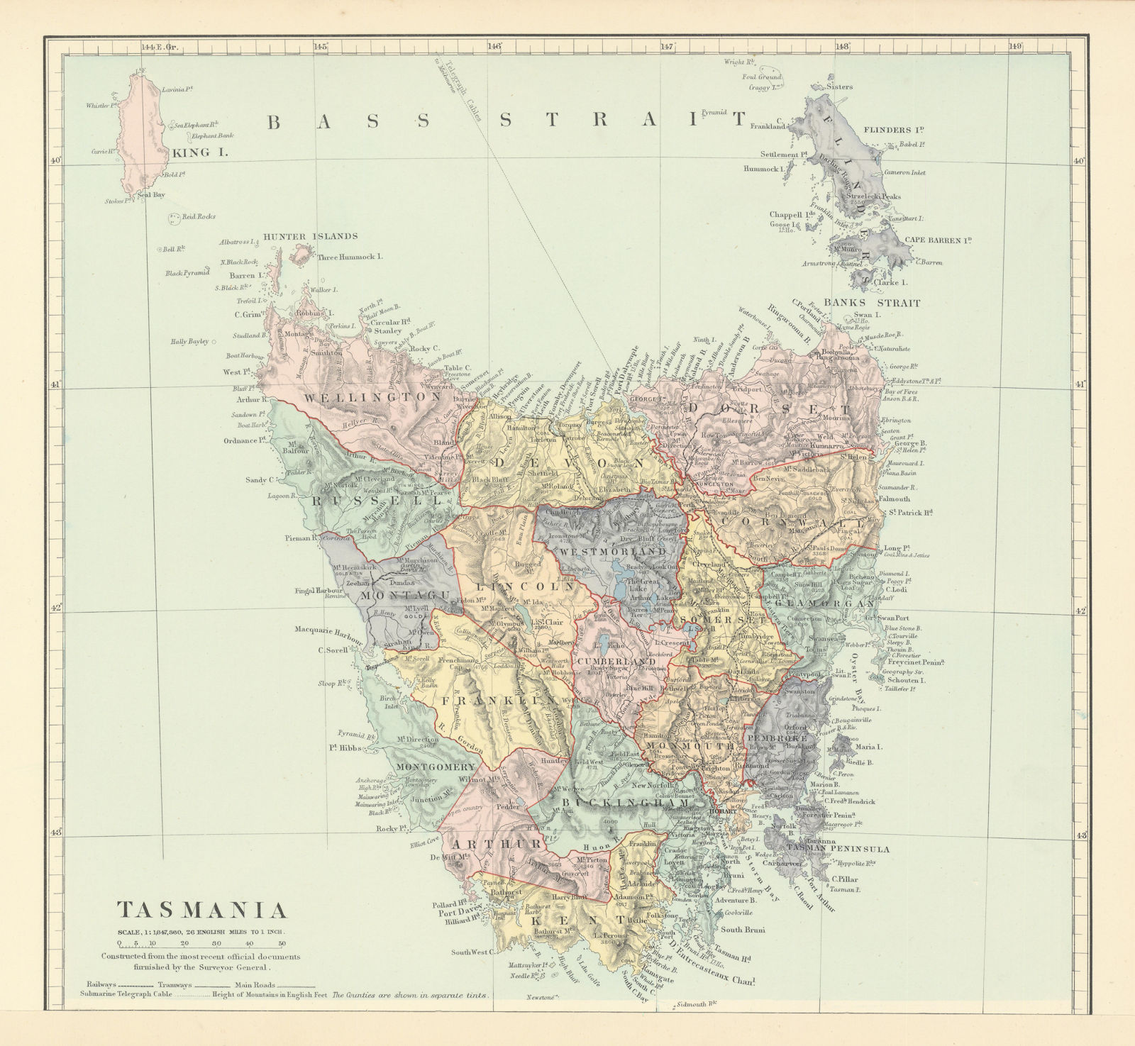 Tasmania in counties. STANFORD 1896 old antique vintage map plan chart