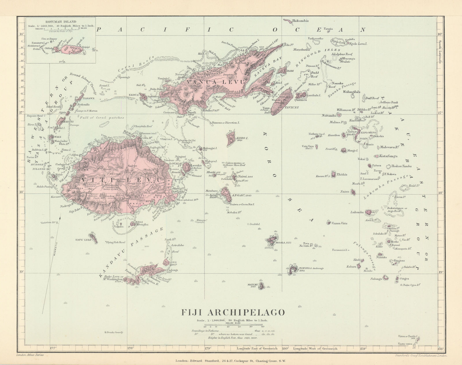 Fiji Archipelago. Vanua Levu. Viti Levu. Rotumah. STANFORD 1896 old map