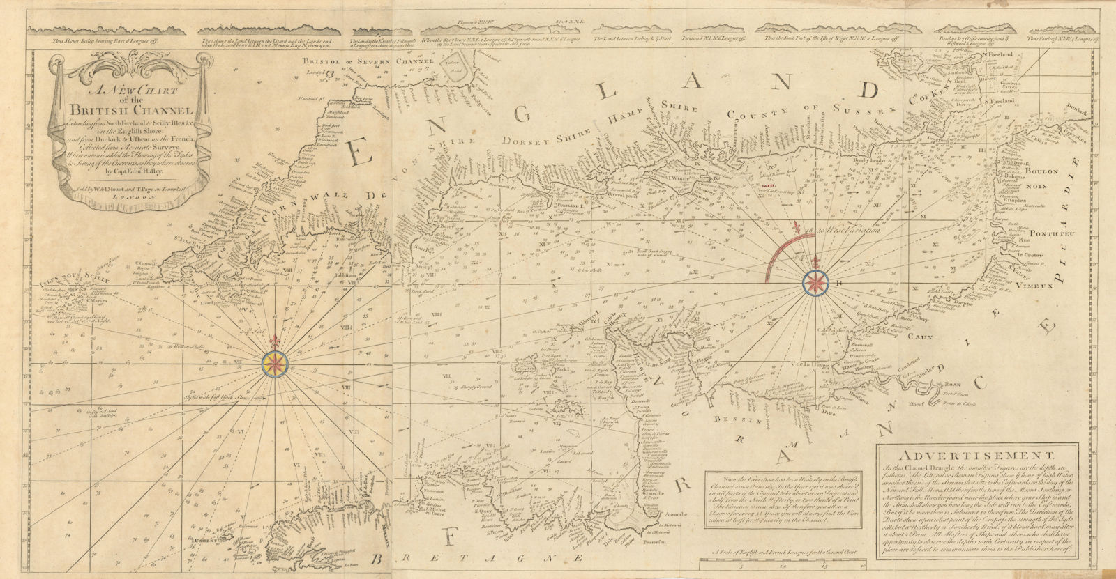 Chart of the British Channel… Halley's tides & currents. MOUNT & PAGE 1758 map
