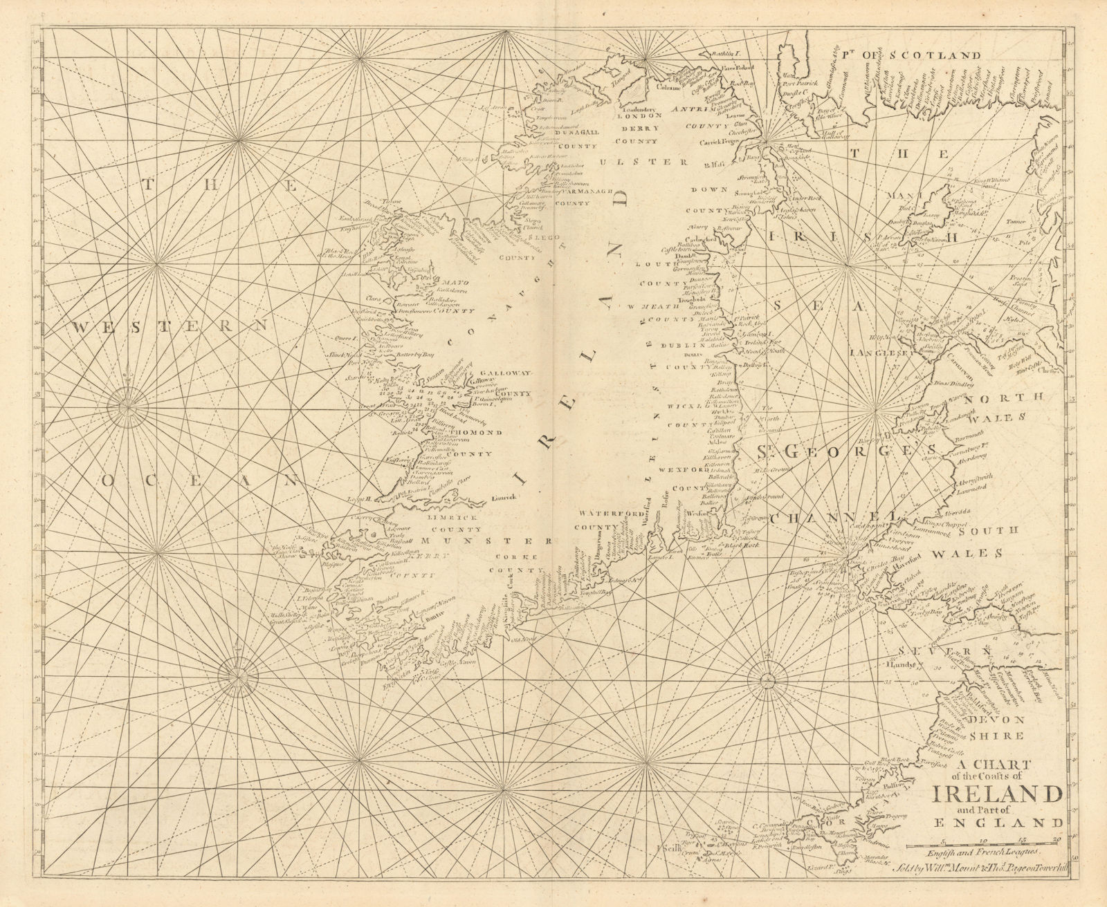 Associate Product A Chart of the Coasts of Ireland & part of England. Wales. MOUNT & PAGE 1758 map
