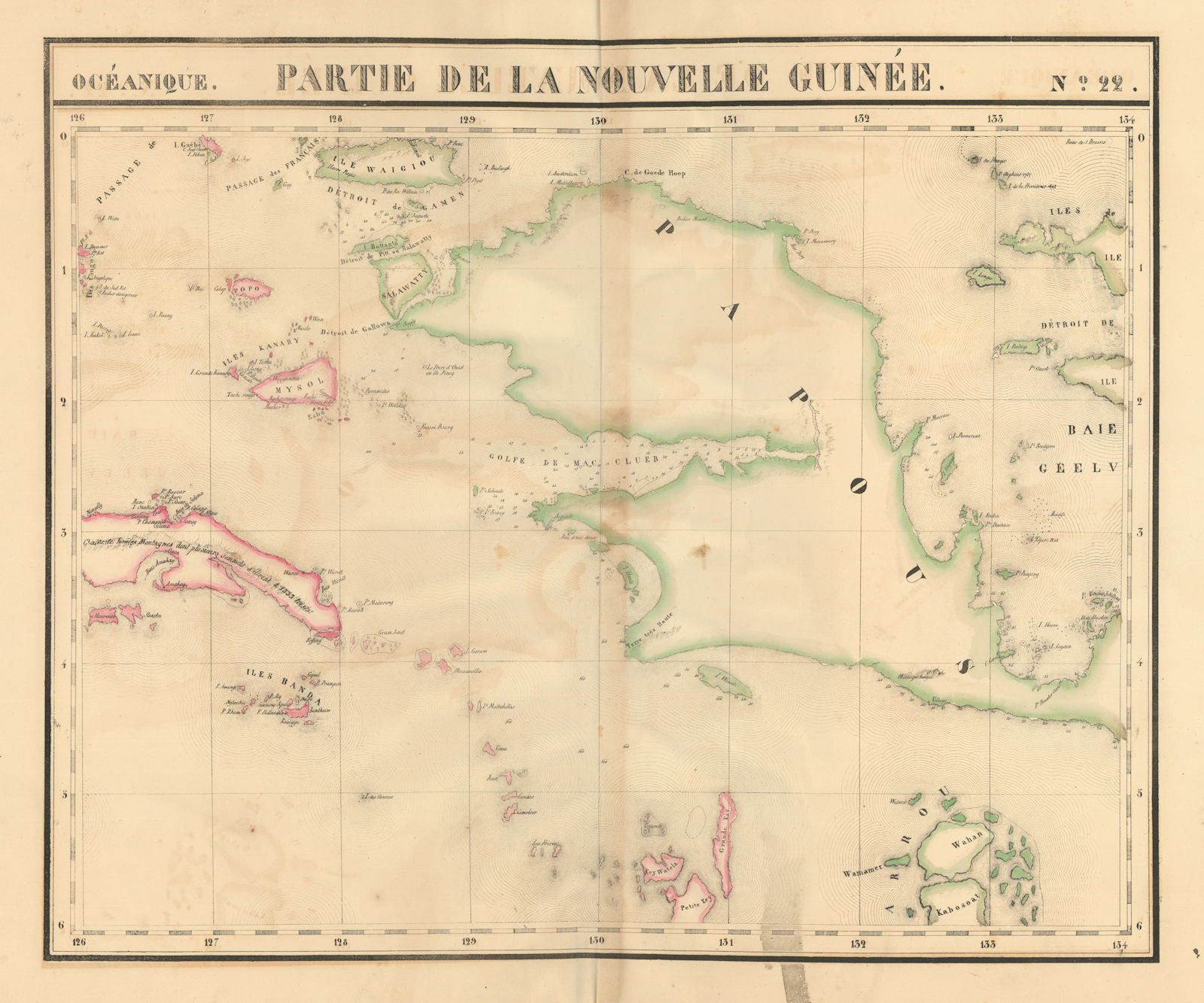 Océanique Partie de la Nouvelle Guinée 22 W Papua Moluccas VANDERMAELEN 1827 map