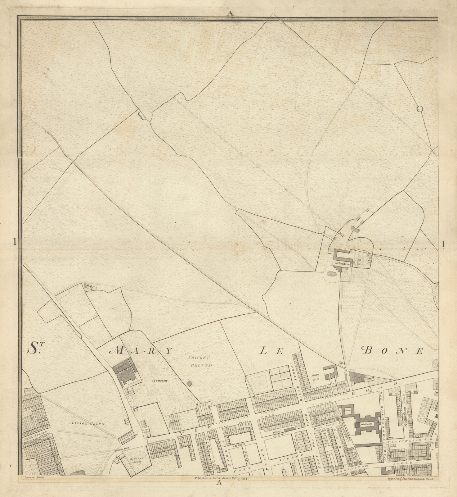 Horwood London A1 Marylebone Road Lisson Grove Regents Park Baker St 1794 map