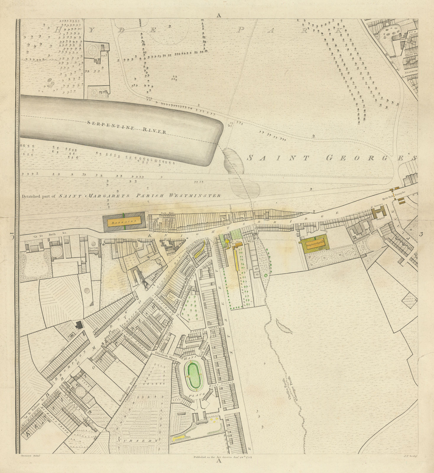 Horwood London A3 Hyde Park Lane Serpentine Knightsbridge Belgravia 1794 map