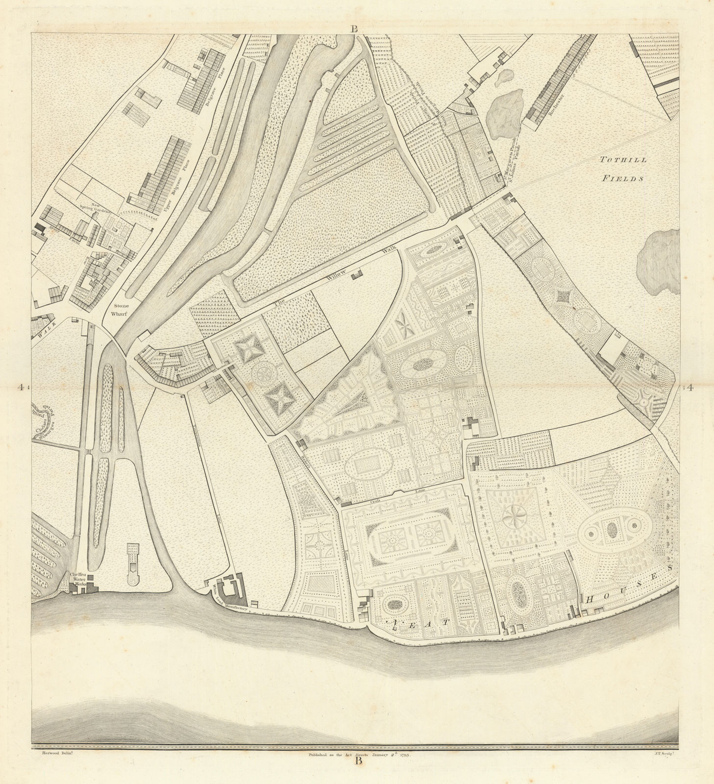 Horwood London B4 Pimlico Victoria Millbank Tothill Fields 1795 old map