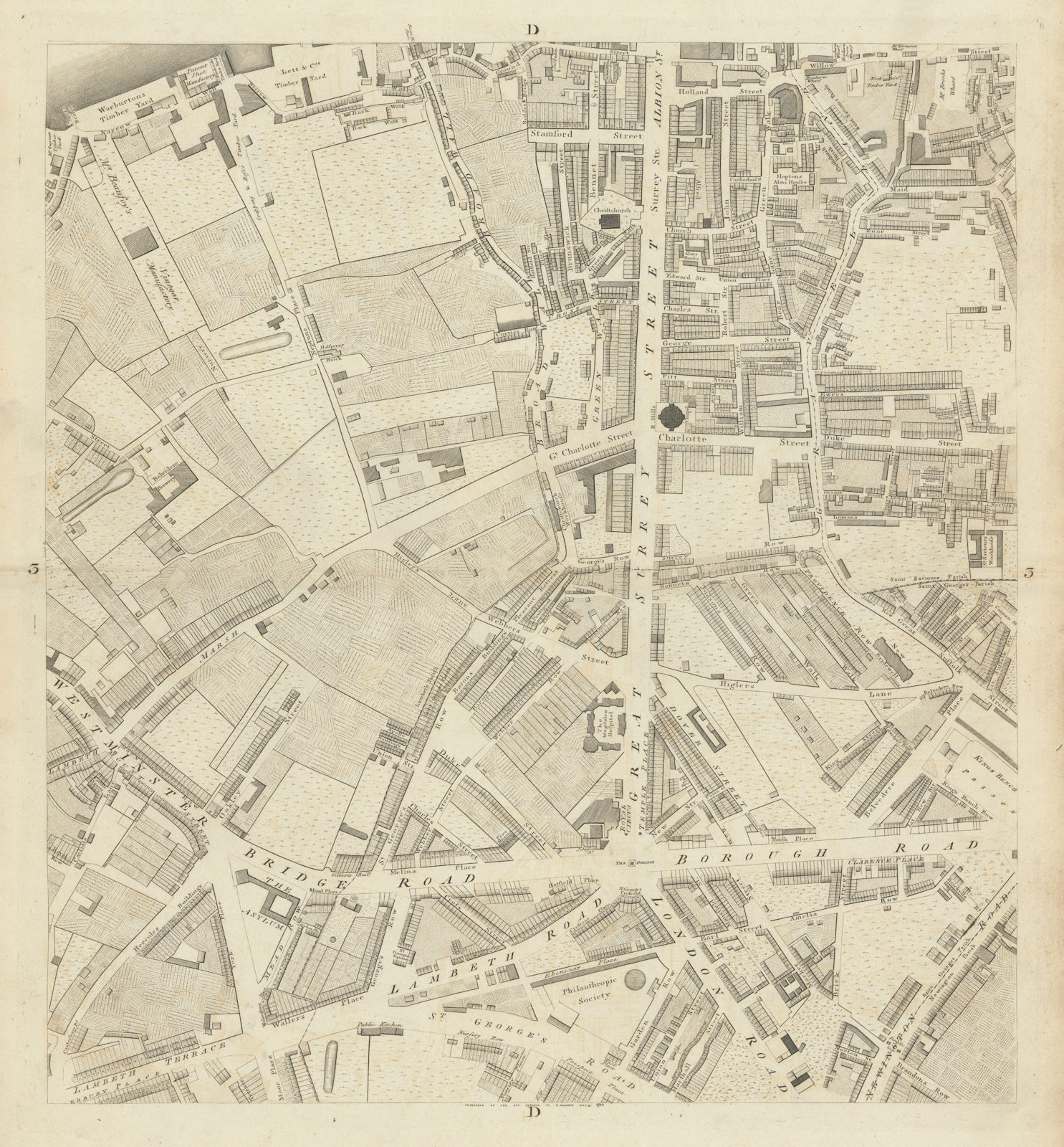 Horwood London D3 Waterloo Southwark South Bank Lambeth 1799 old antique map