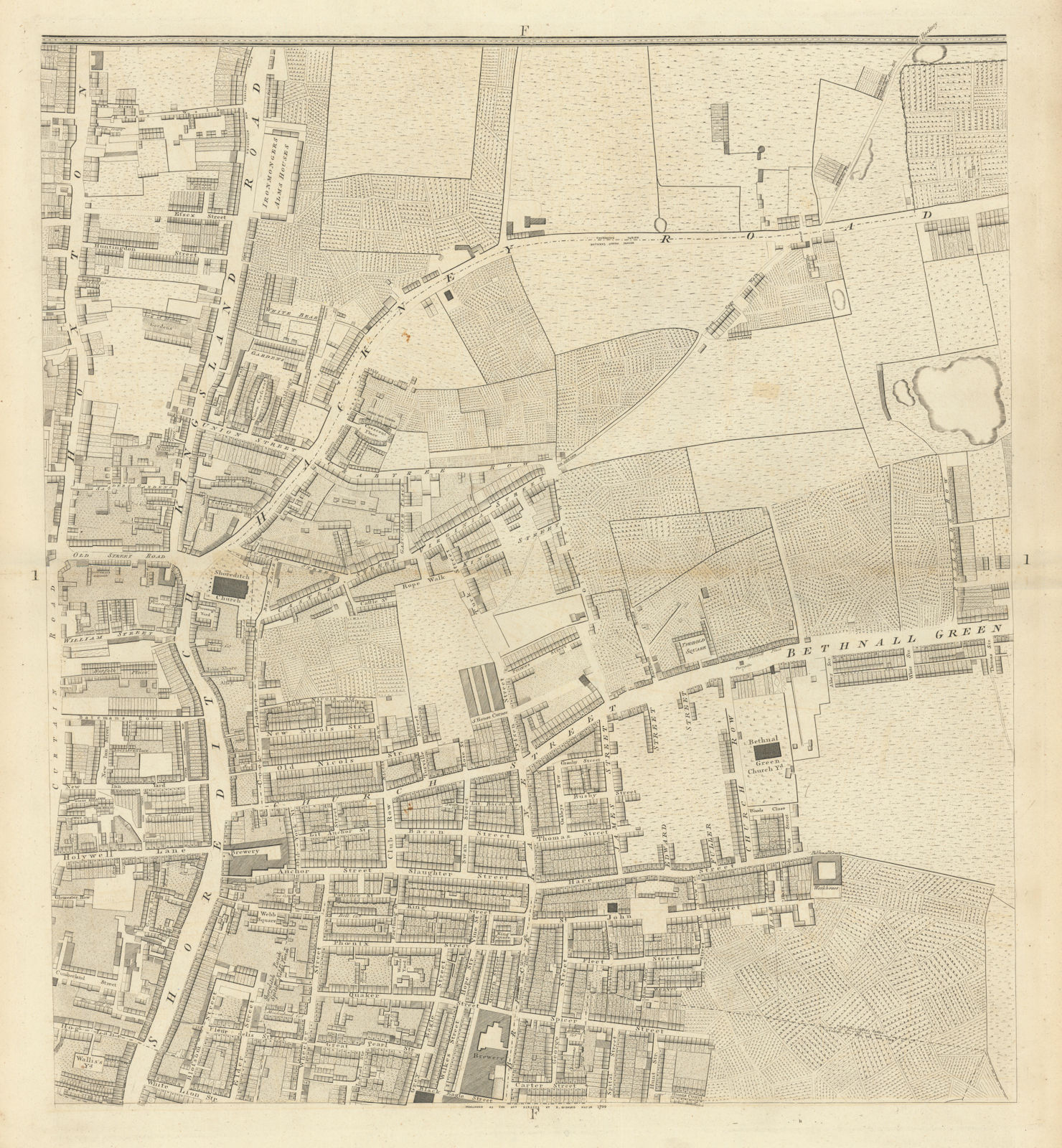 Horwood London F1 Shoreditch High Street Kingsland Rd Bethnal Green Rd 1799 map