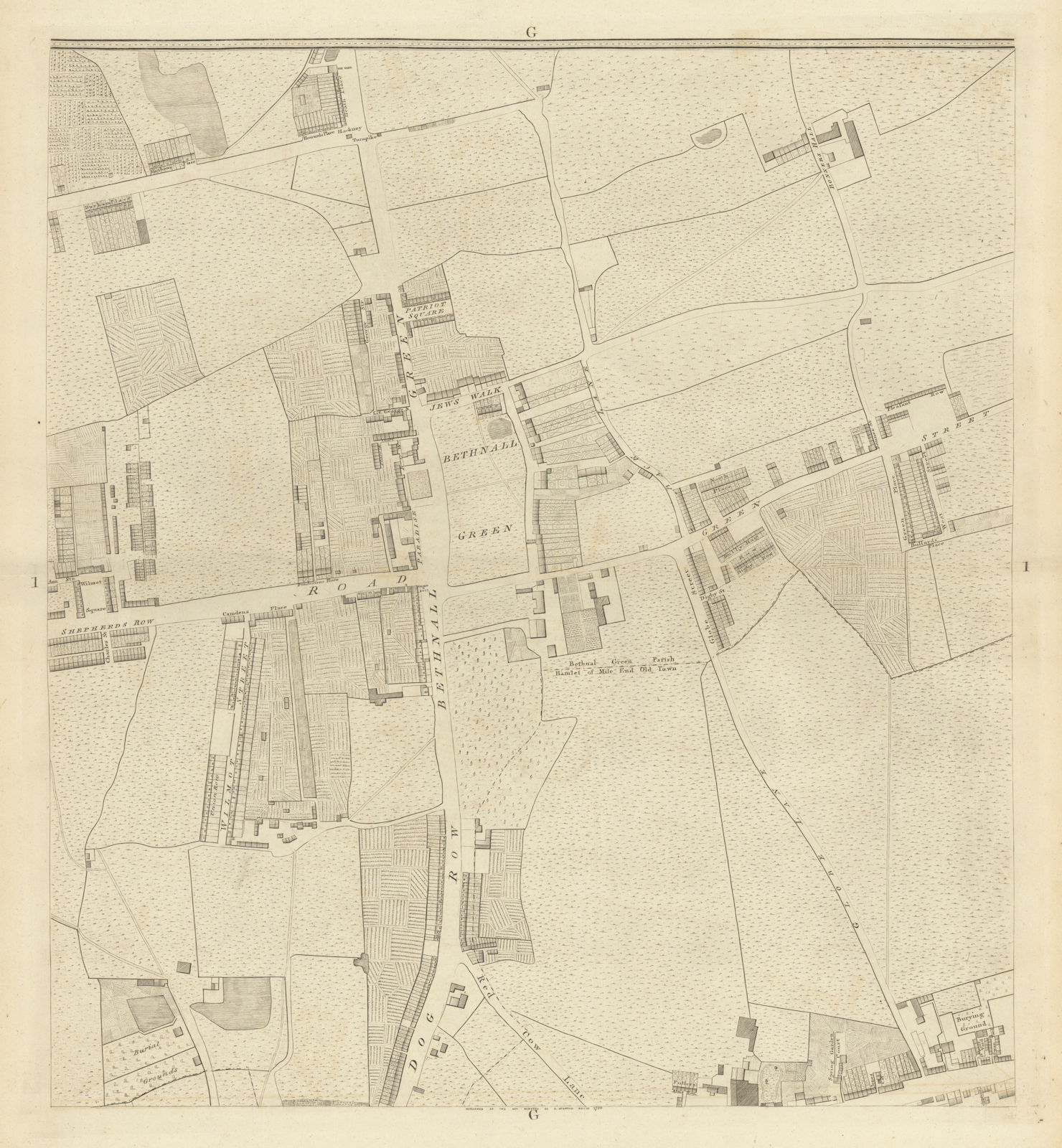 Horwood London G1 Bethnal Green Globe Town Cambridge Heath 1799 old map