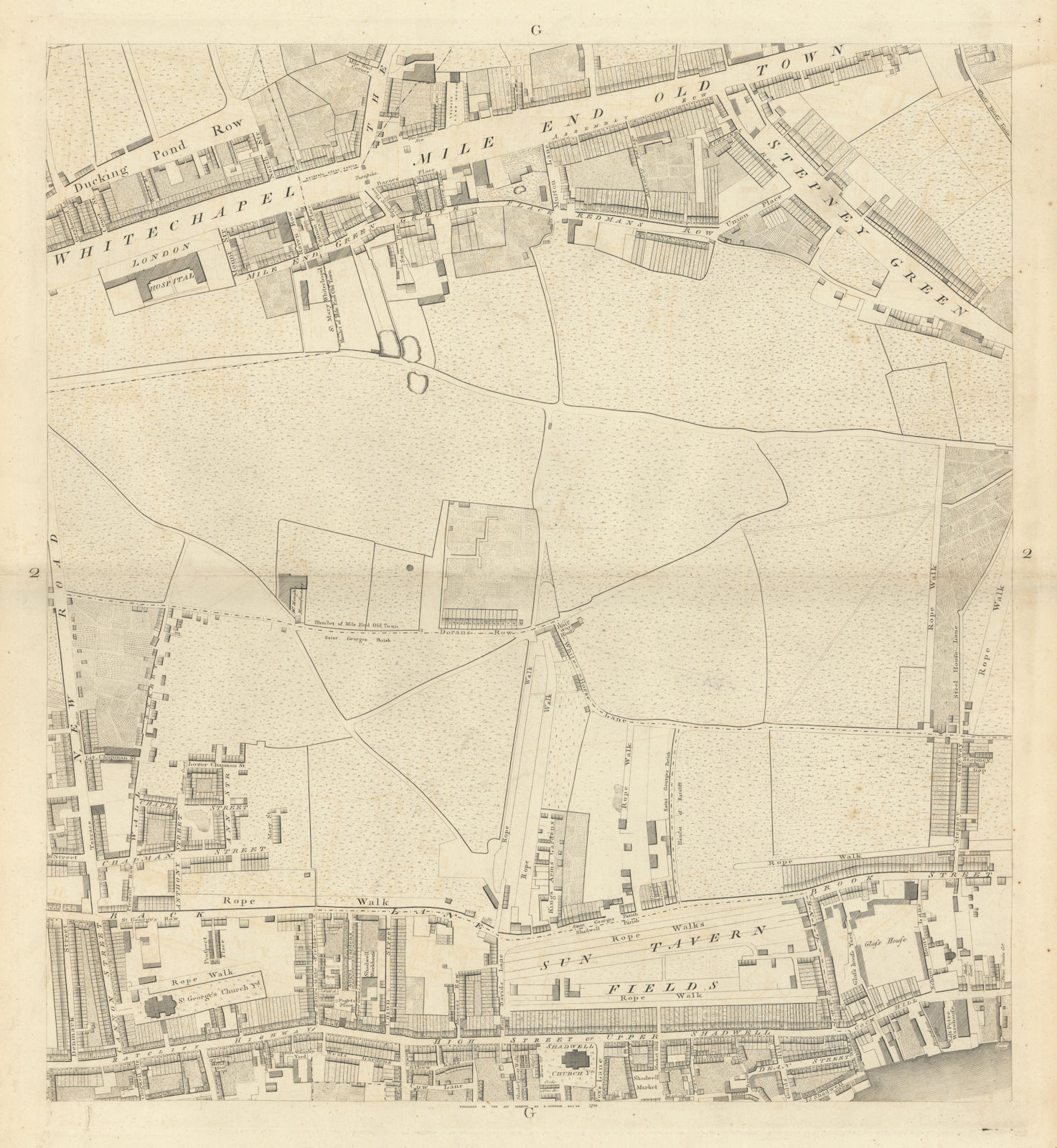 Horwood London G2 Whitechapel Road Shadwell Stepney Green Ratcliff 1799 map