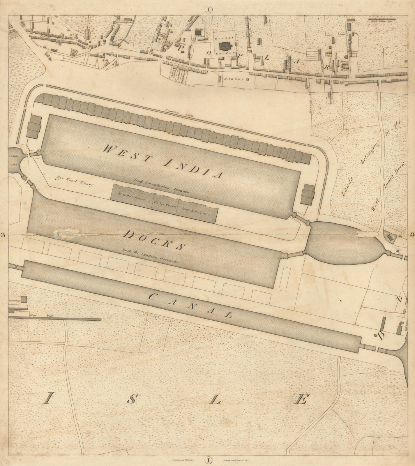Horwood/Faden London I3 Canary Wharf Poplar West India Docks Isle/Dogs 1807 map