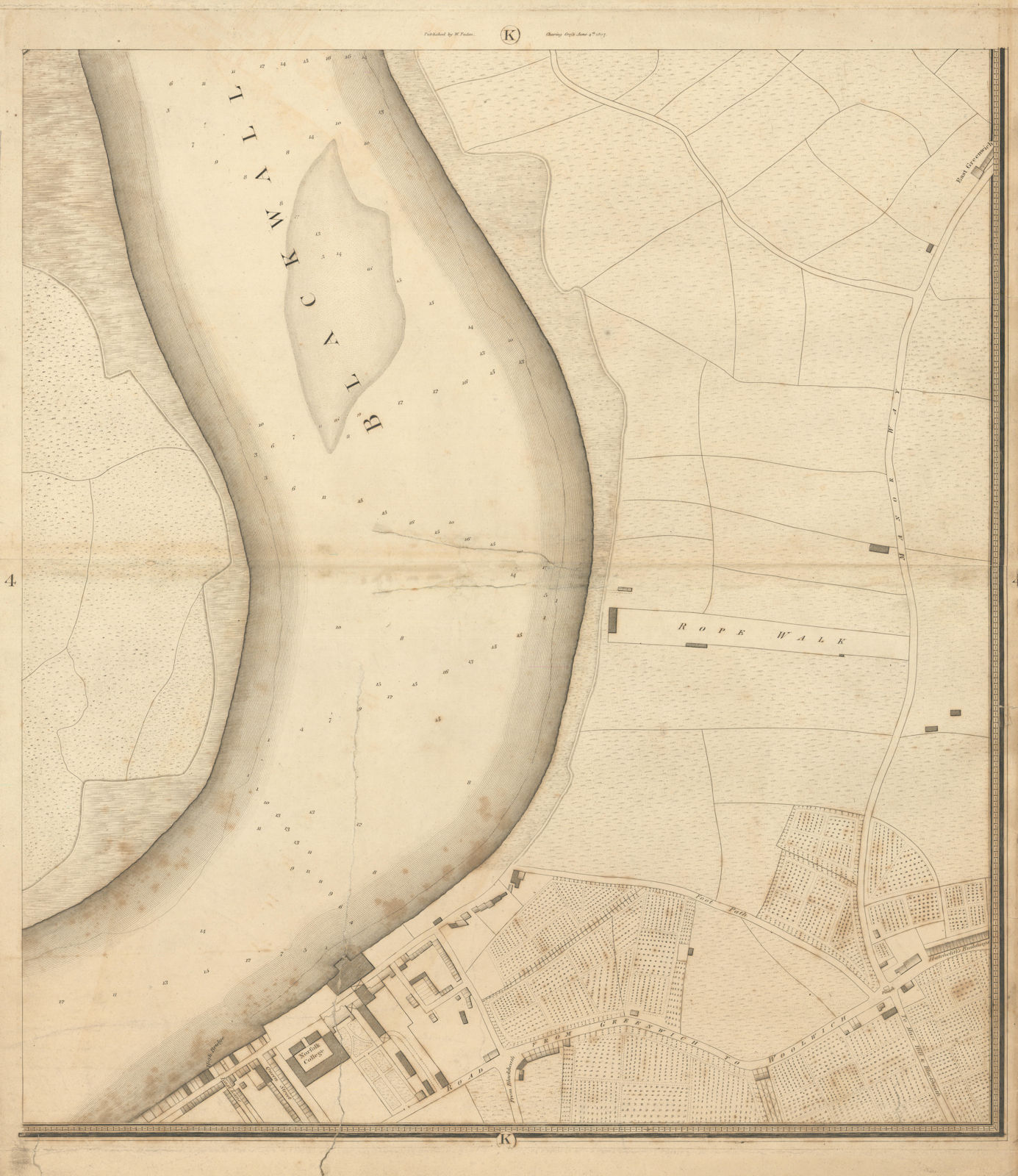 Horwood/Faden London K4 Greenwich Isle of Dogs Blackwall Reach 1807 old map