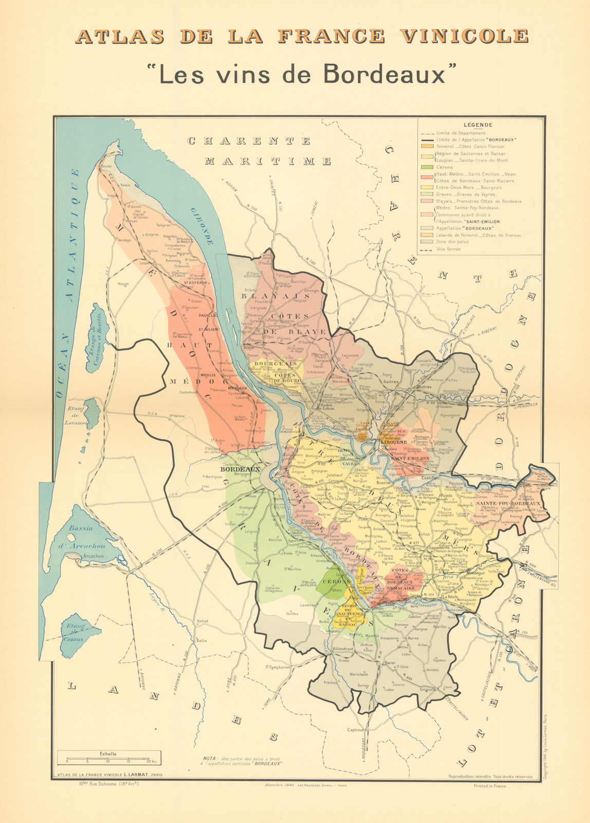 BORDEAUX WINE MAP. Les Vins de Bordeaux. Carte Générale. LARMAT 1941 old
