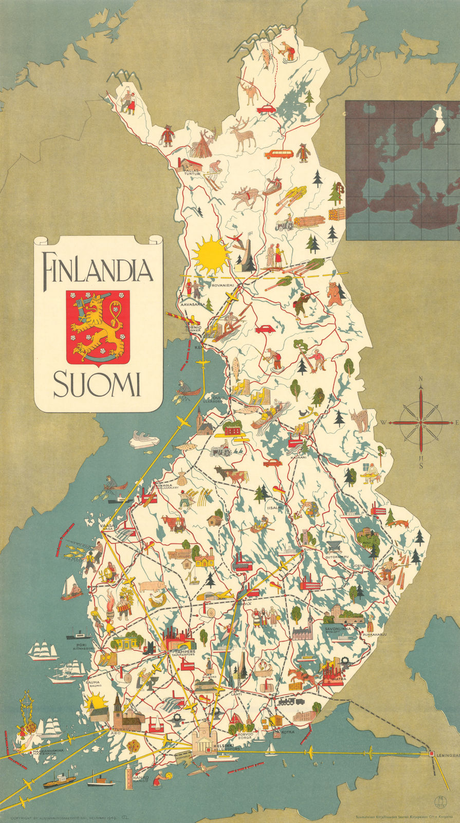 Associate Product Finlandia - Suomi. Vintage travel pictorial poster map 1949 old vintage