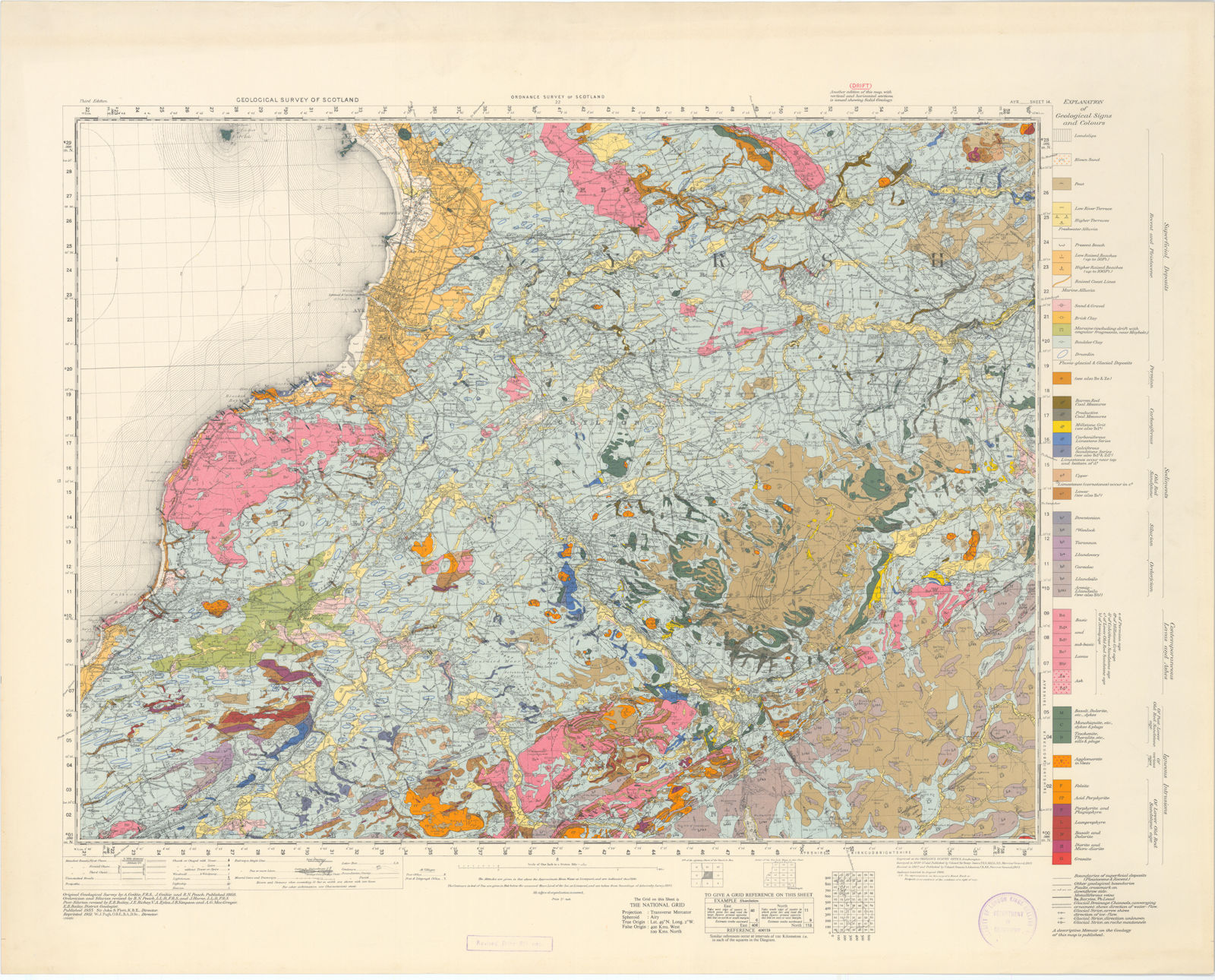 Ayr. Geological Survey of Scotland sheet 14. Cumnock 1951 old vintage map