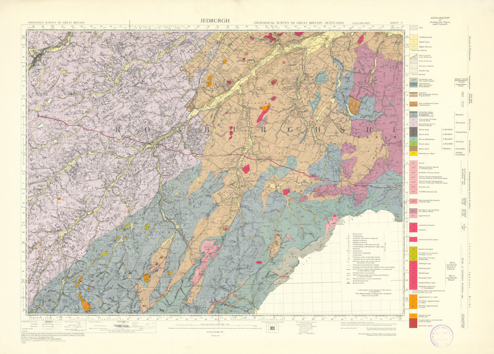 Jedburgh. Geological Survey of Scotland sheet 17. Hawick 1965 old vintage map