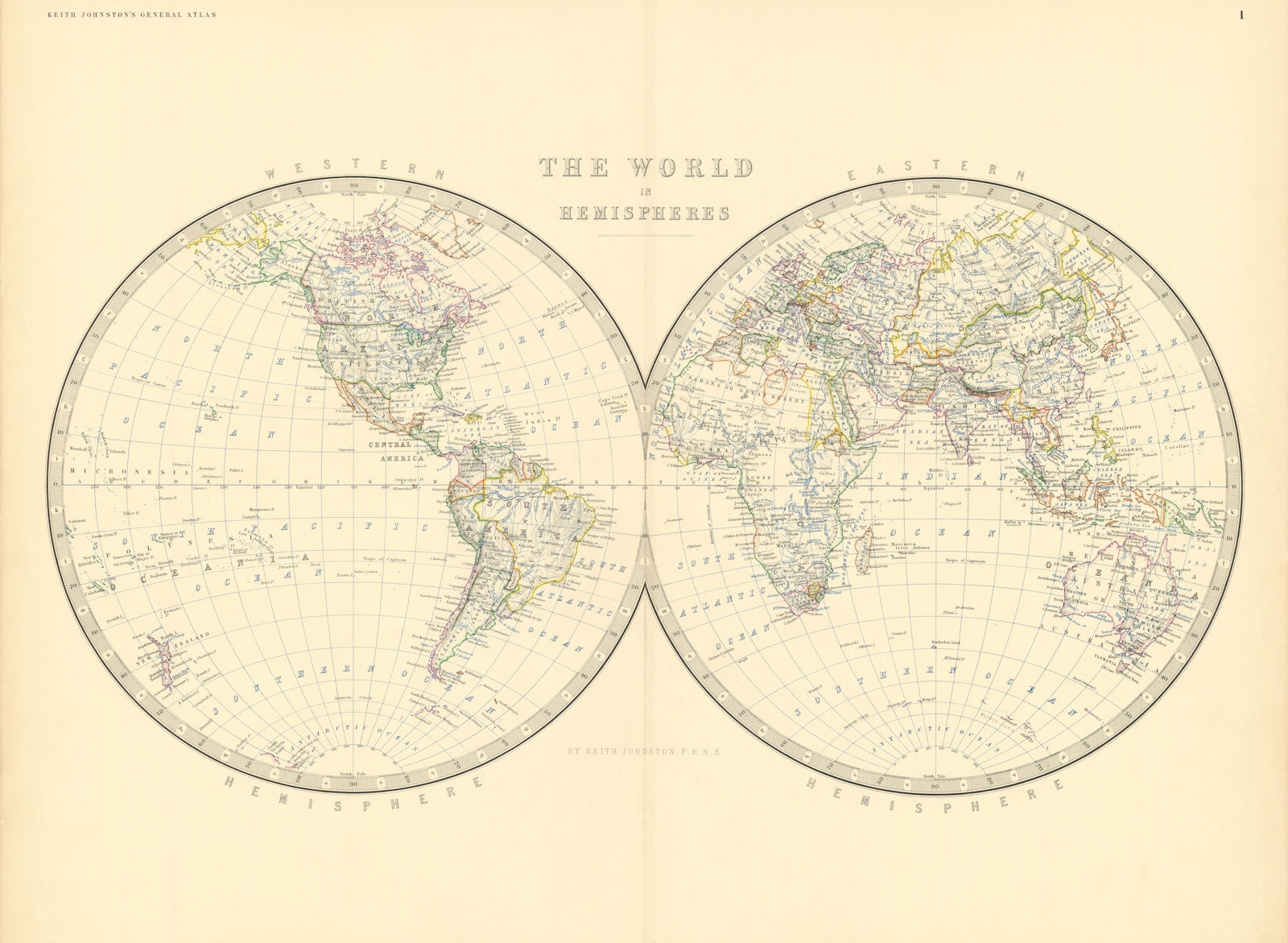 Associate Product The World in Twin Hemispheres 50x60cm. JOHNSTON 1876 old antique map chart