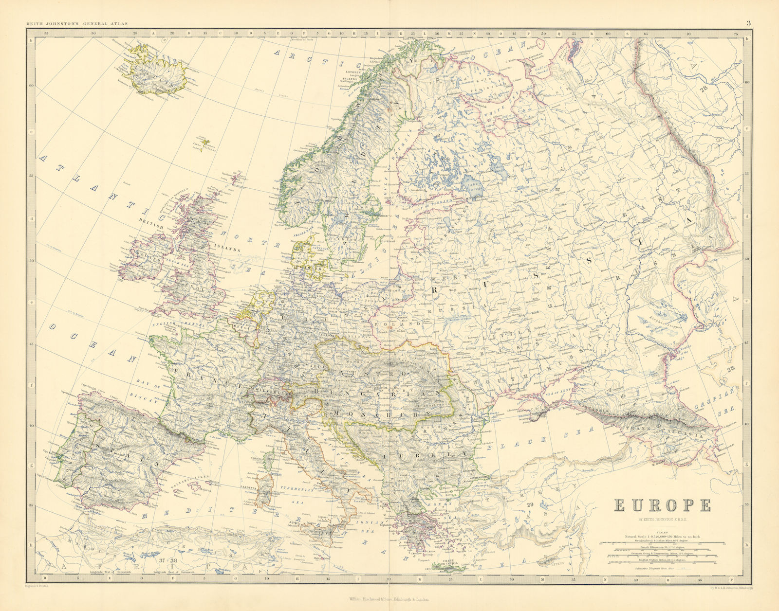 Associate Product Europe. Austro-Hungarian Monarchy. Prussia. Rumania. 50x60cm. JOHNSTON 1876 map