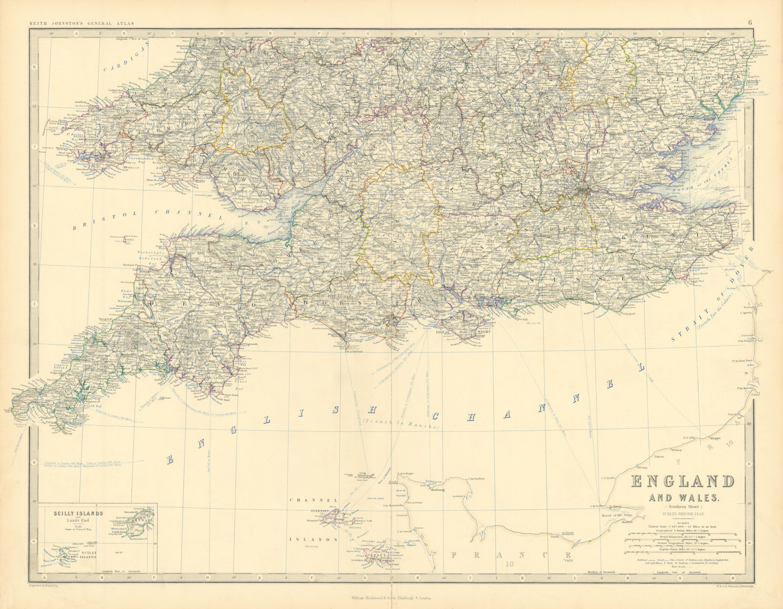 Associate Product England & Wales (South) Scilly Islands English Channel 50x60cm JOHNSTON 1876 map