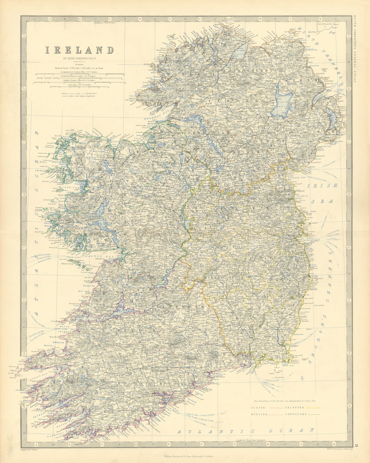 Ireland showing provinces & counties. Large 50x60cm. JOHNSTON 1876 old map