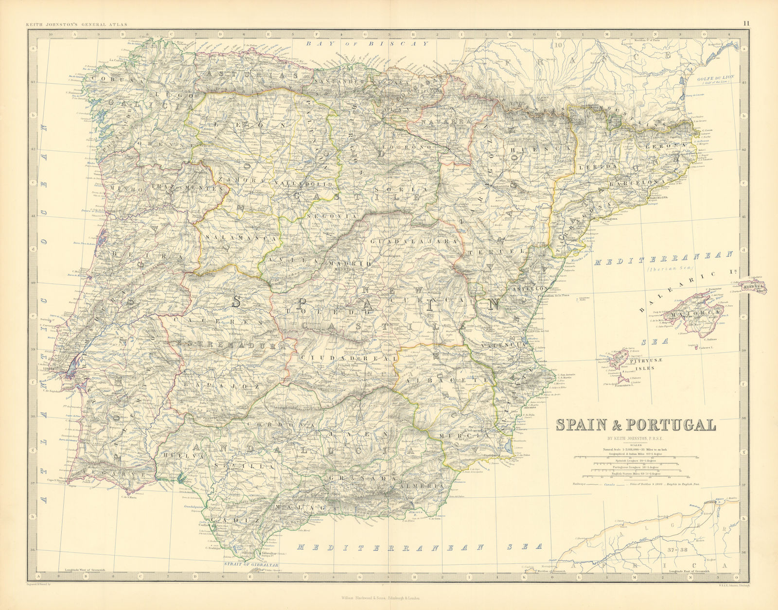 Spain & Portugal. Iberia & Balearics. Large 50x60cm. JOHNSTON 1876 old map