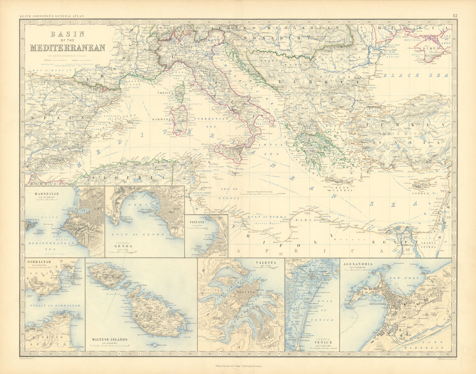 Mediterranean Sea. Marseilles Genoa Trieste Valetta. 50x60cm. JOHNSTON 1876 map